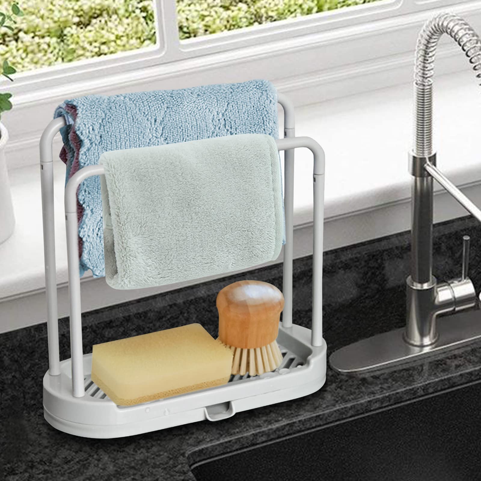 Muuboox Kitchen Sponge Holder Dishcloth Hanger, Kitchen Sink Rack Tray Organizer Stand For Sponge, Dish Cloth, Rag, Brush, Scrub