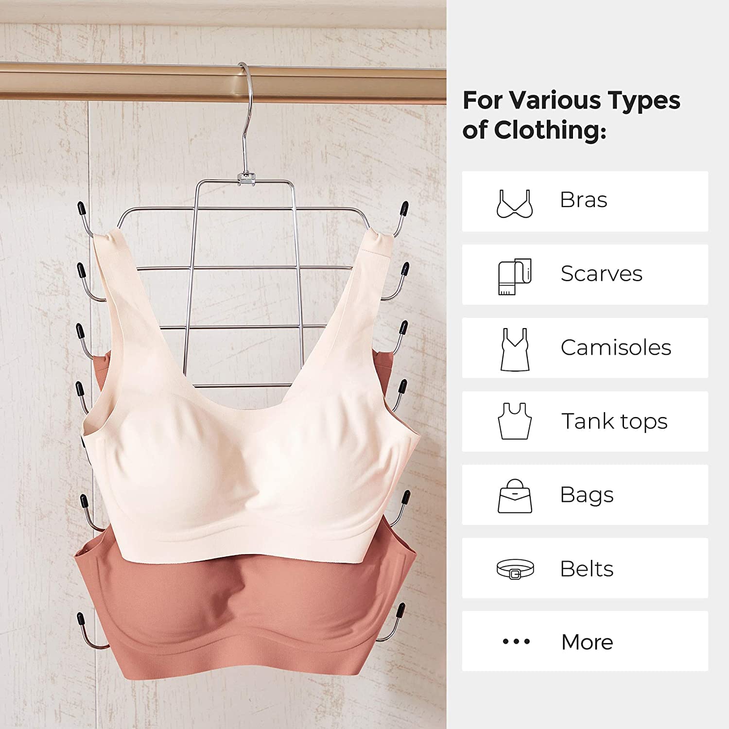 Bra Organizer  2 Pack Tank Top Hanger for Closet Swivel Hook Foldable Design PODATOL Space Saving Hanger 'Metal Bra Holder Hanging Storage