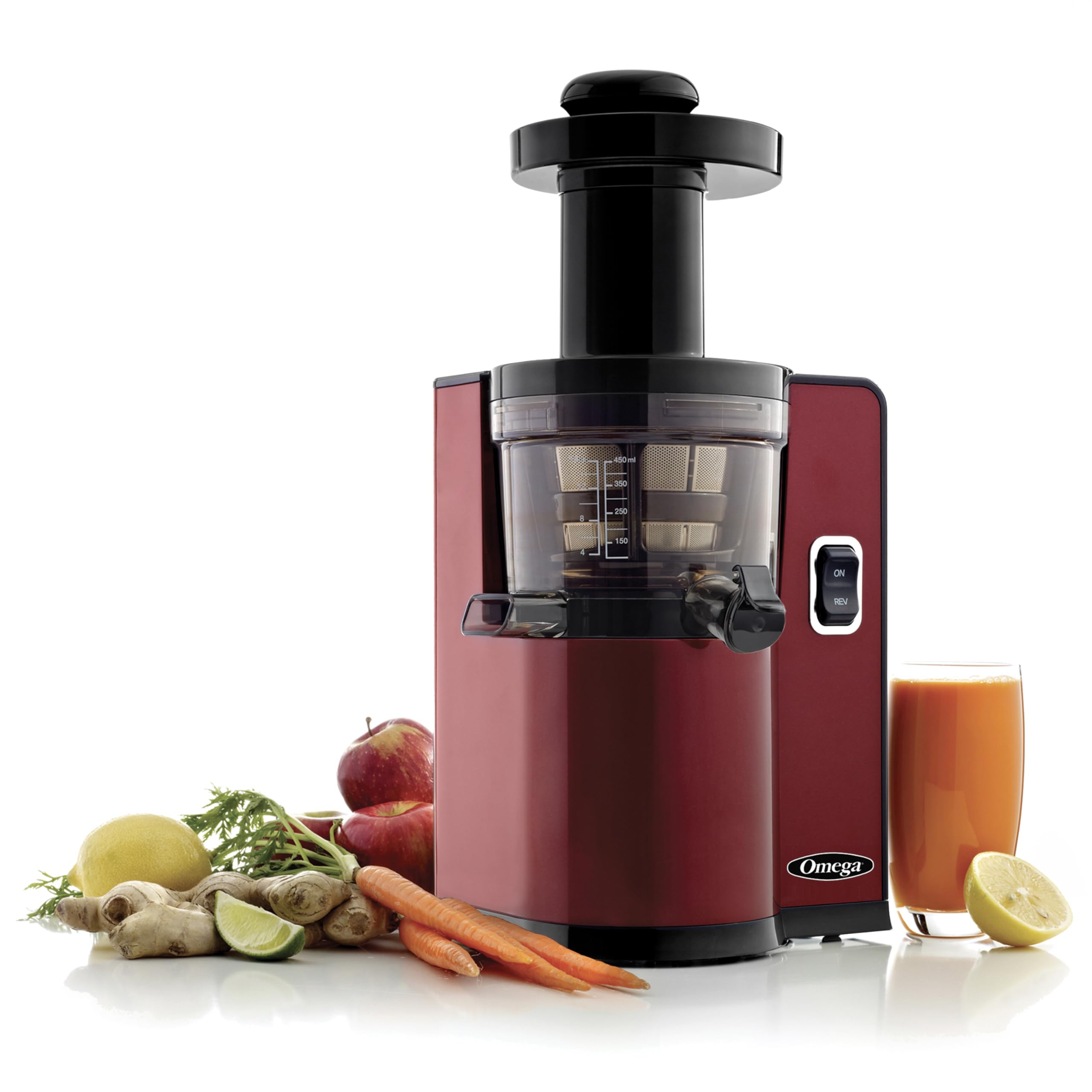 Omega Juicer Cold Press Vertical 43 RPM Slow Masticating Compact Juice Extractor for Fruits and Vegetables Quiet Operation with 