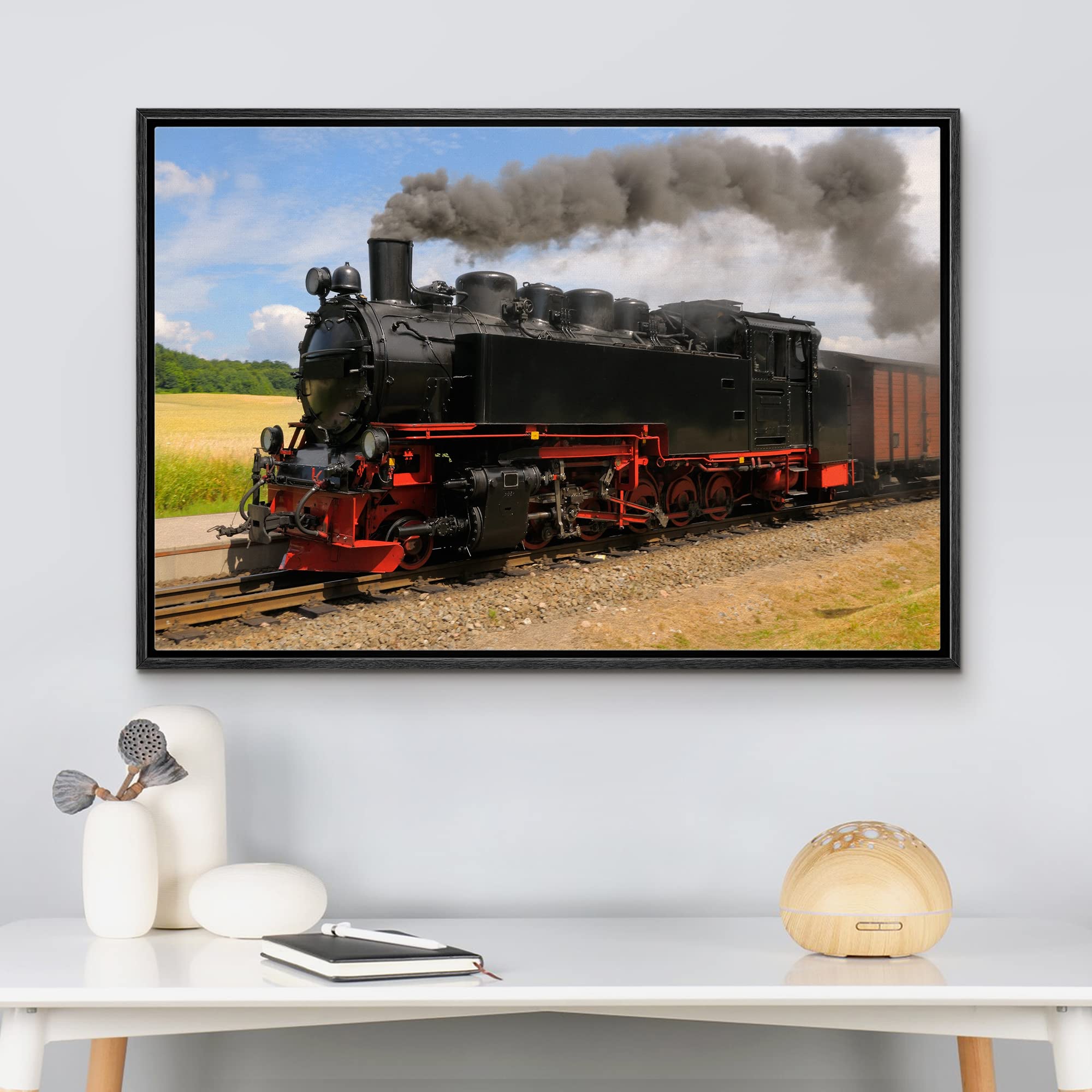 Steam Train with Black Smoke Running on Island Rugen Northern Germany - Framed Canvas Art Wall Art - 24''x36'' Black