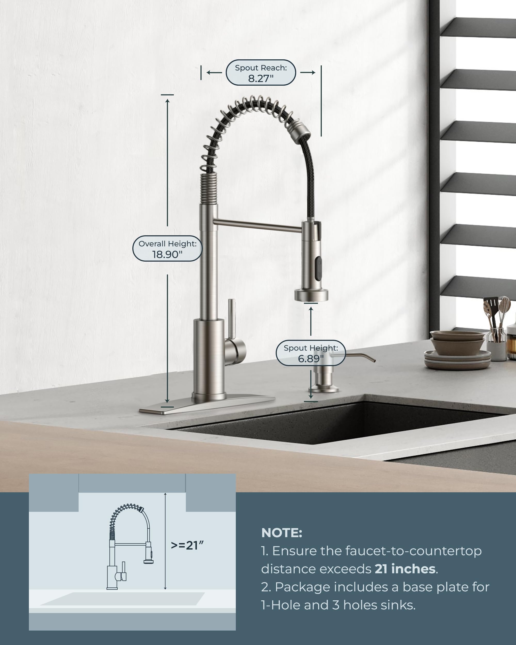 Forious Kitchen Faucet With Soap Dispenser, Brushed Nickel Kitchen Faucets With Pull Down Sprayer, Single Handle Kitchen Faucet