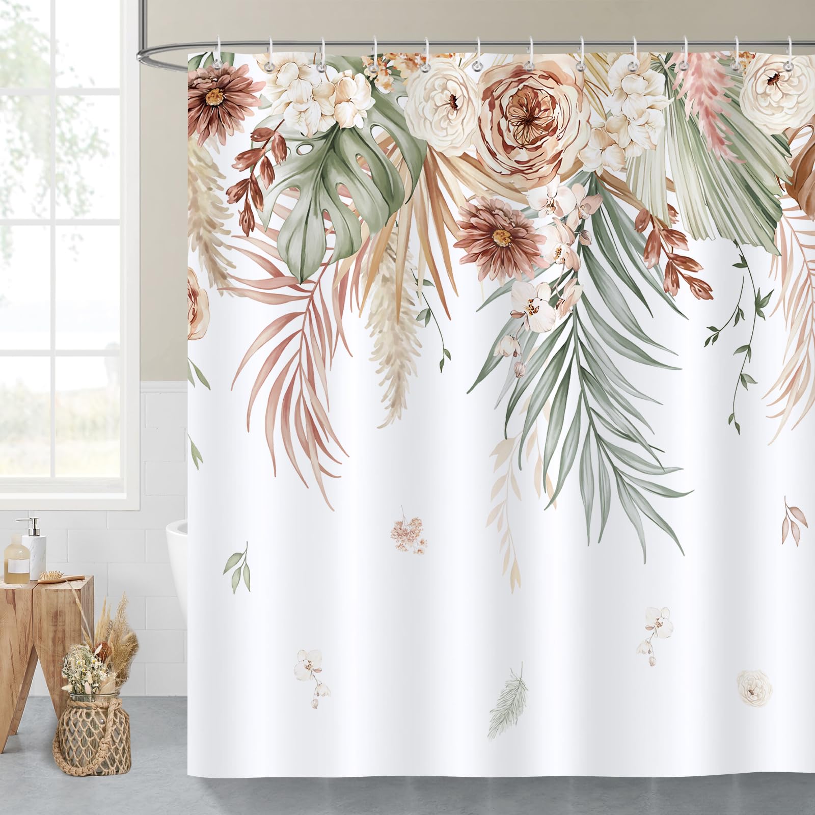 Bonhause Tan Floral Leaf Shower Curtain, Boho Tropical Palm Leaves Farmhouse Bathroom Curtain 72X72 Inch Polyester Fabric Waterp
