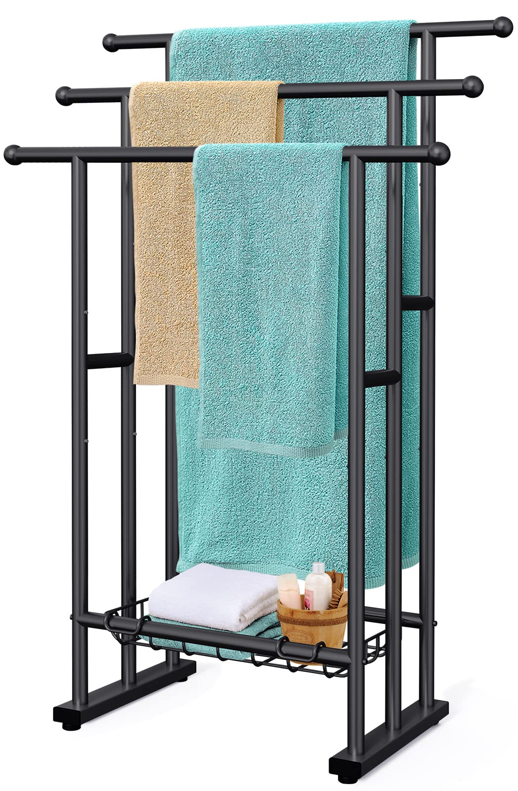 Kayfia 40'' H Free Standing Towel Rack, 3 Tier Alloy Steel Stand With Basket, Blanket Drying And Display Rack For Oversized Bath