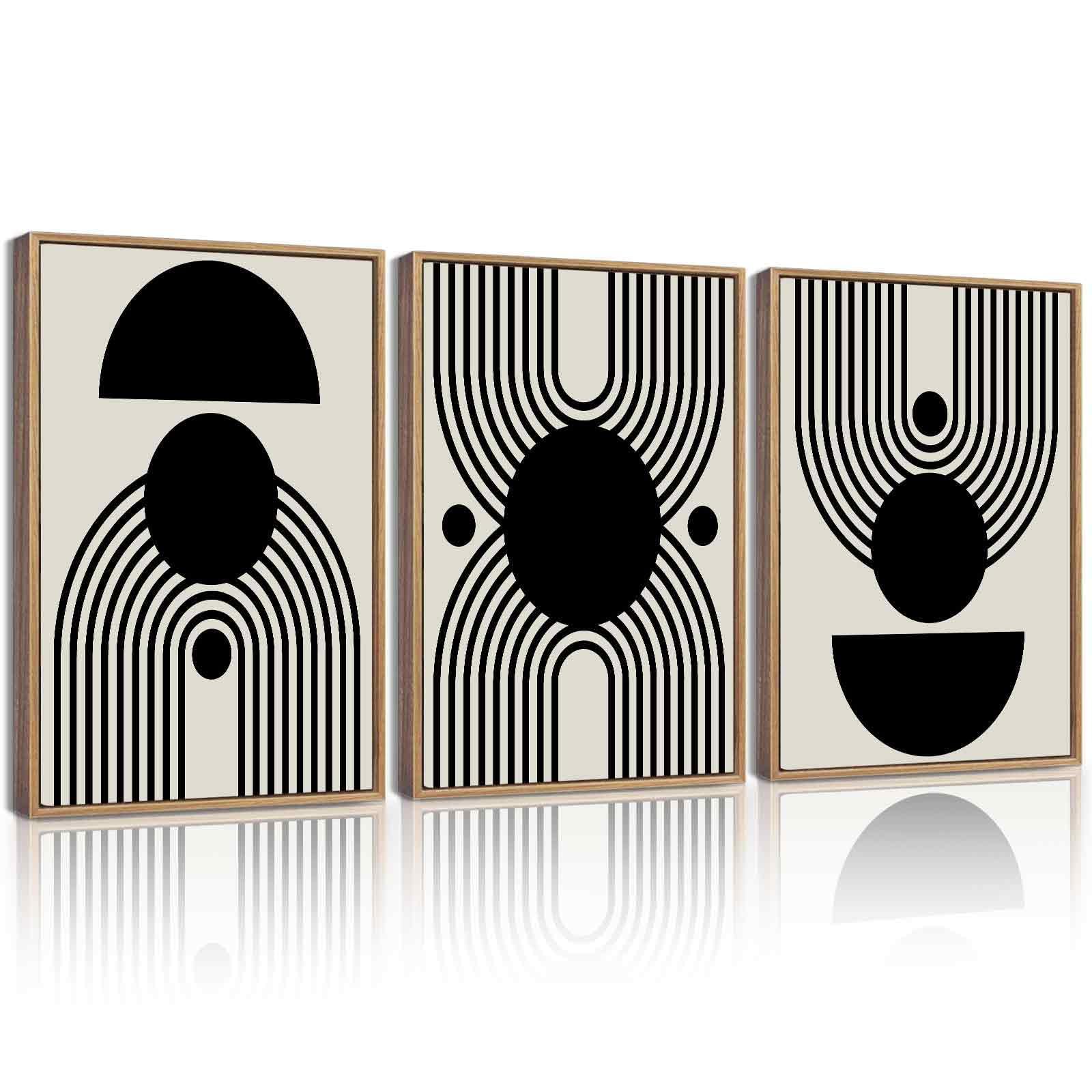 Kuvioke Black Abstract Framed Wall Art Minimalist Geometry Lines Painting Artwork For Living Room Bedroom 12X16In (Natural Frame