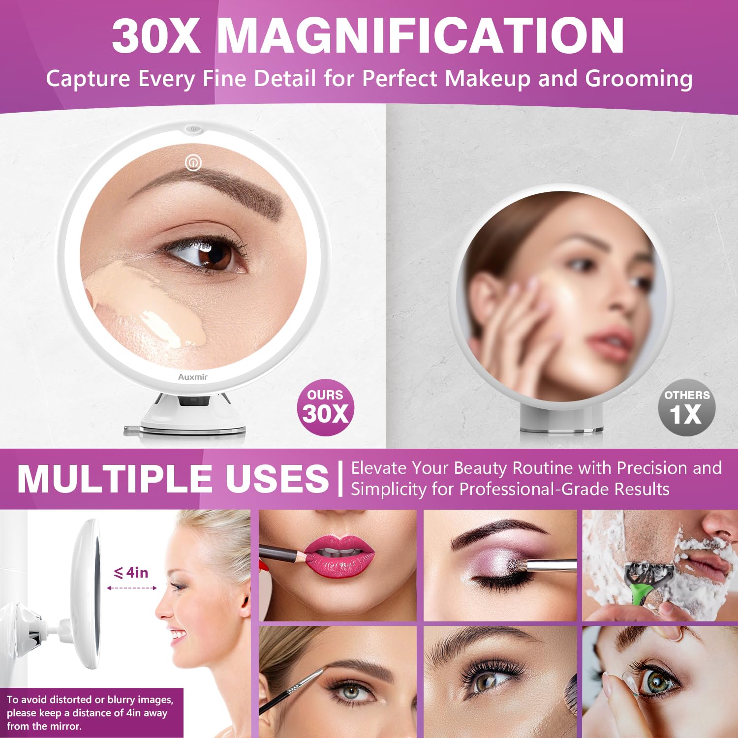 2025 Upgraded 30X Magnifying Mirror With Light, 8 Vanity Mirror With Power Suction Cup And Tweezers, 360 Swivel, Portable Bathro