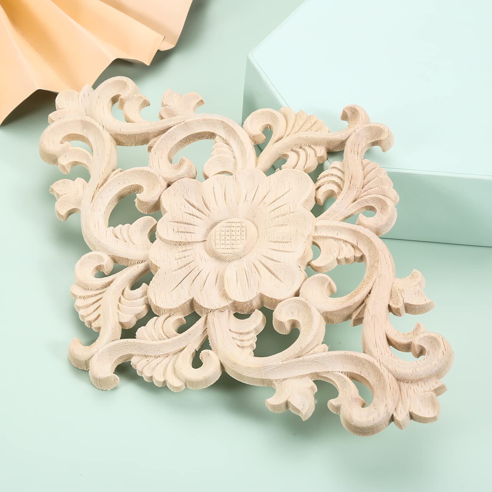 Wood Carved Appliques  1Pc Wooden Decorative Onlays  MUXSAM Unpainted Furniture Center Decals for Cabinet Dresser Bed Door Wall Wardrobe Ceiling Decoration Home DIY Project  15x10.5cm/5.9''x4.13''