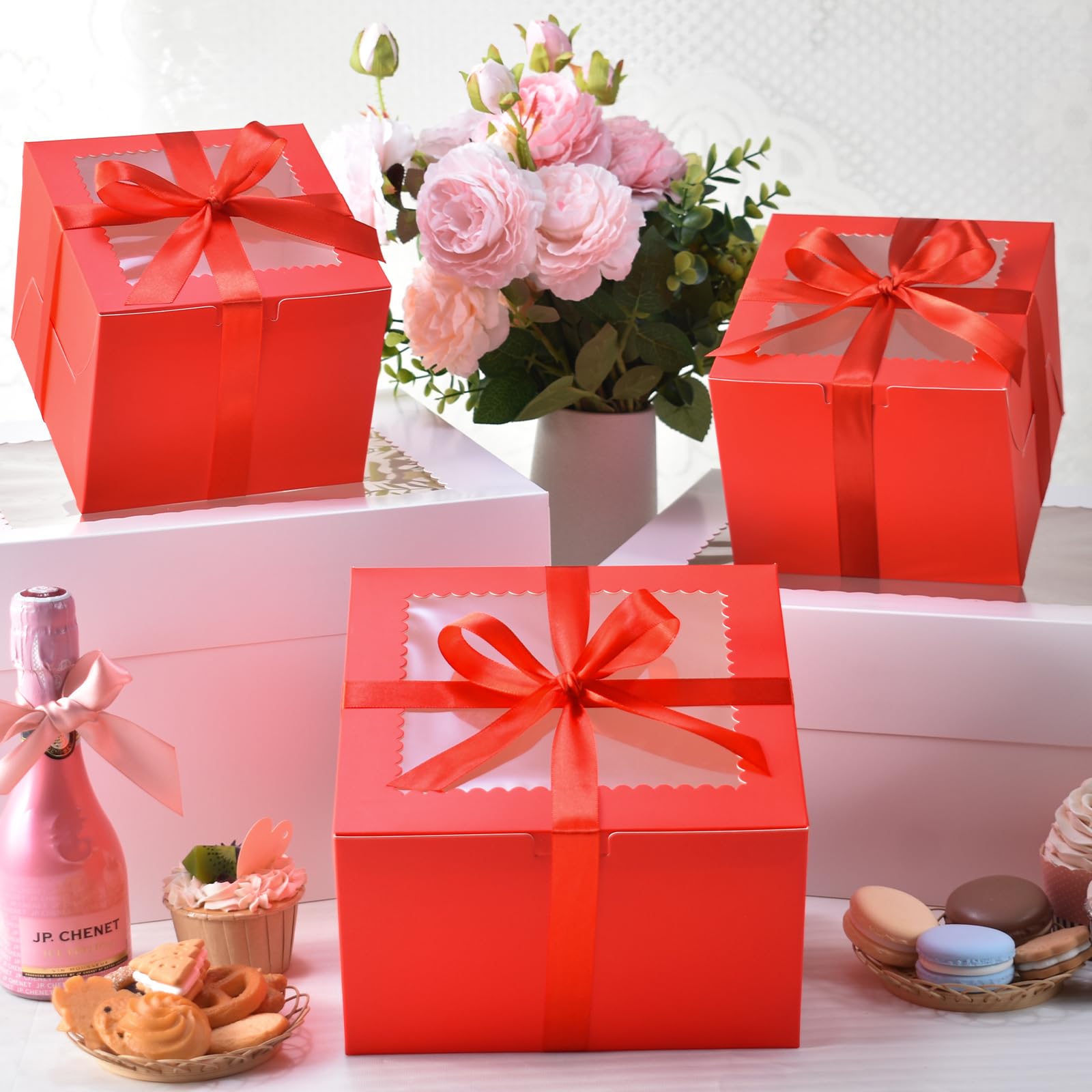KPOSIYA 40pcs 8x8x5 inches Cake Boxes with Cake Boards(20 Boxes & 20 Boards), Red 8 inch Cake Boxes with Window,Cajas Pasteles S