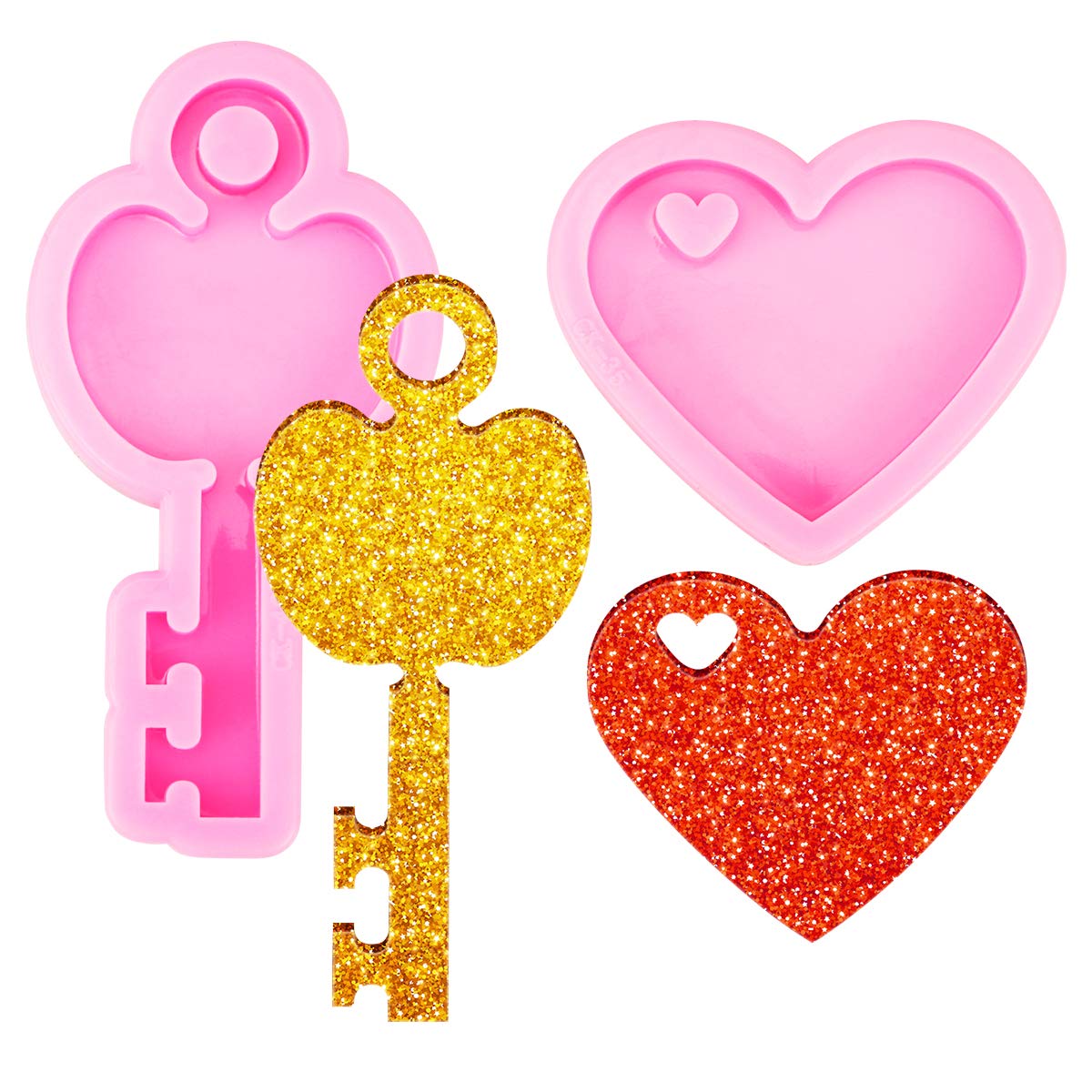 Doerdo 2 Pieces Heart Key Shape Silicone Mold, Keychain Silicone Mold With Hole For Diy Chocolate, Cake, Cookies, Earrings, Keyc