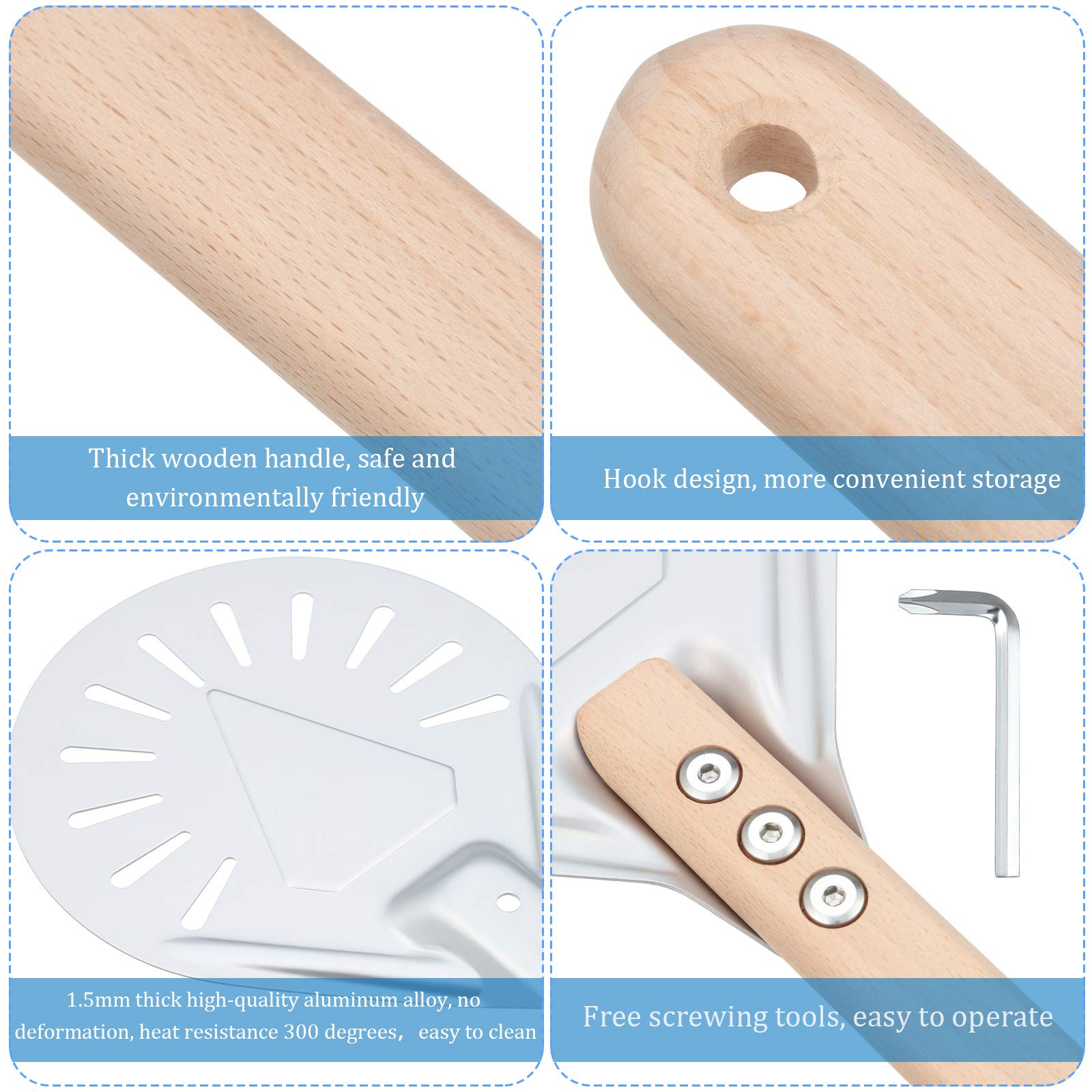 Round Perforated Pizza Peel Non-slip Durable Aluminum Turning Peel Pizza Paddle with 16 Inch Anti-Scalding Wooden Handle for Homemade Pizza Bread Bakers (7 Inch)