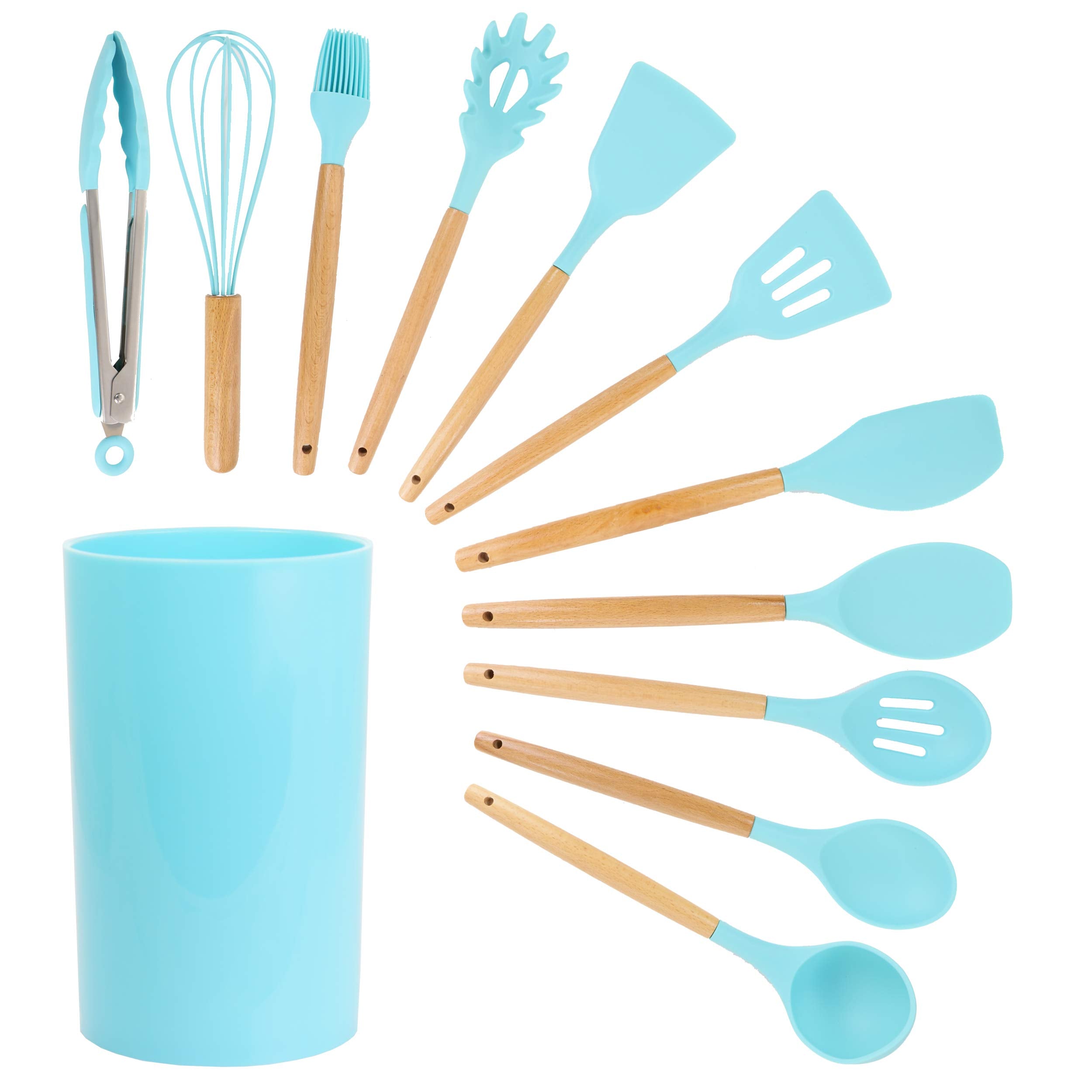 Megachef Tool Wooden Cookware Utensil Set, 12 Piece, Light Teal and Wood Texture