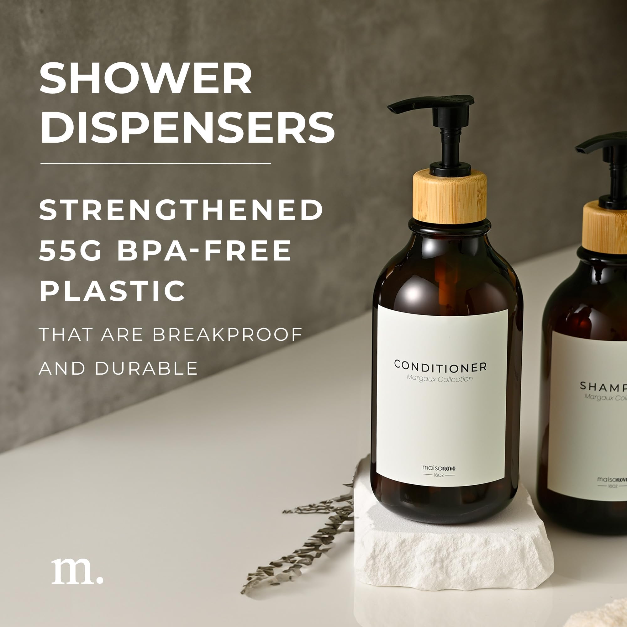 Maisonovo Refillable Shampoo And Conditioner Bottles | 16.9 Fl Oz Set Of 3 Amber Plastic Bottles Black Bamboo Pumps