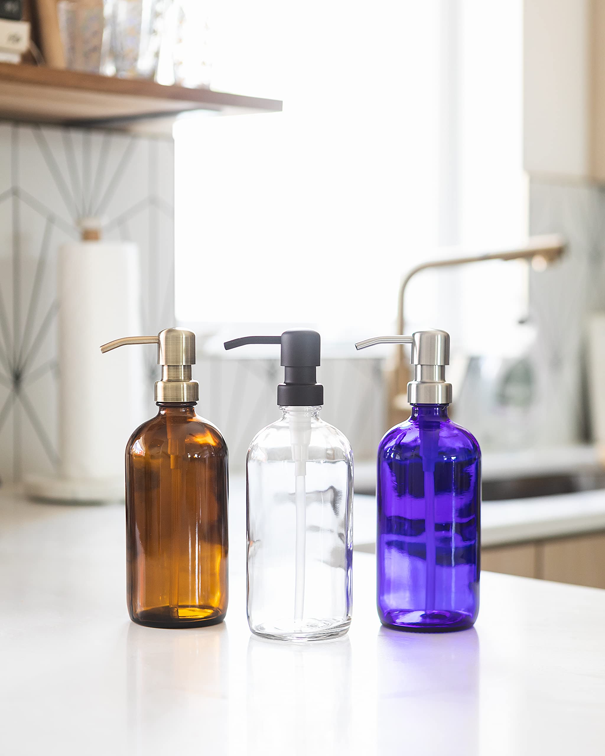 Jarmazing Products Amber Glass Jar Soap And Lotion Dispenser - 2 Pack - With Matte Black Pump - 16 Oz