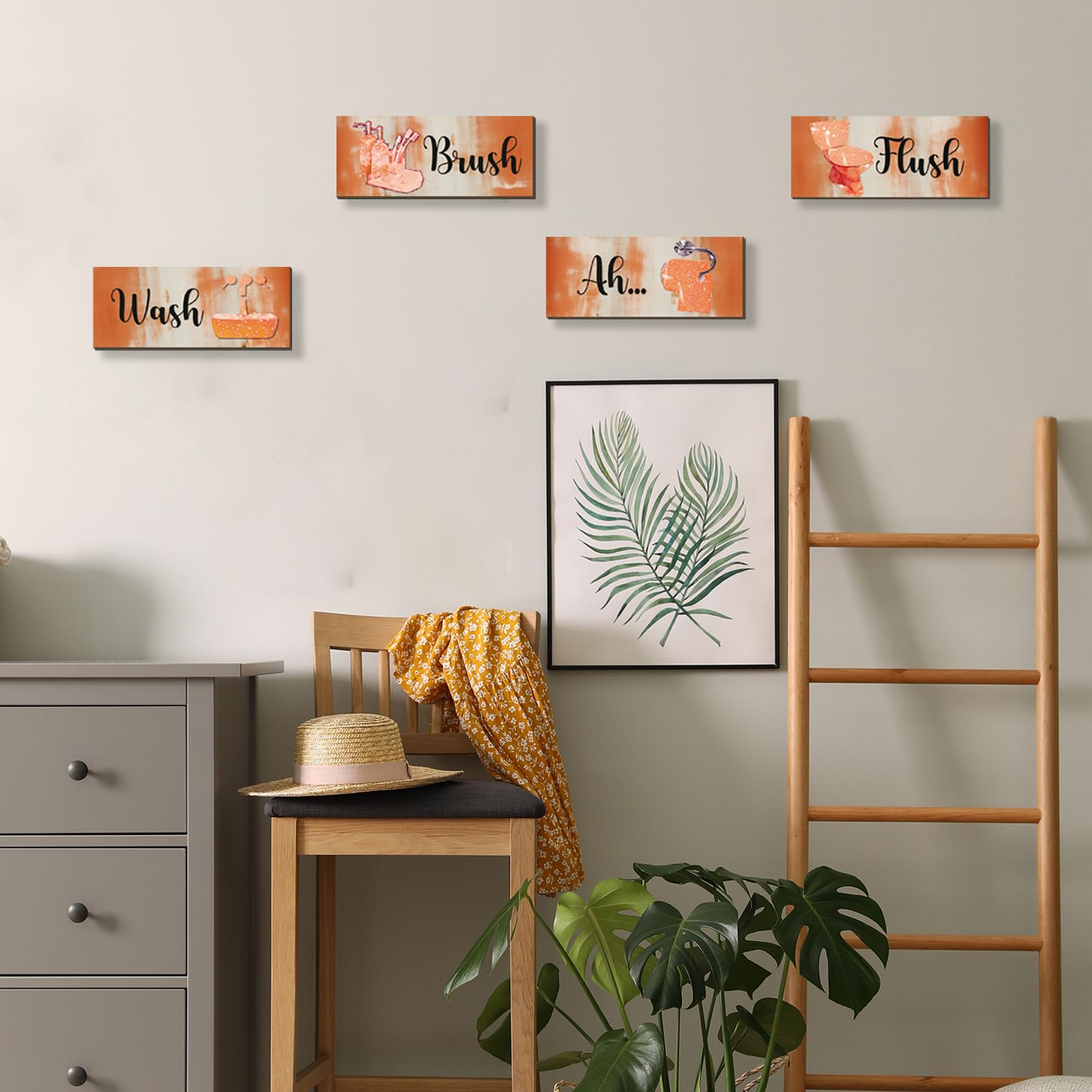 FENCORDAR 4 Pcs Orange Bathroom Decor Abstract Orange Black Bathroom Decor Wooden Modern Funny Glitter for Home Toilet(10x4 Inch