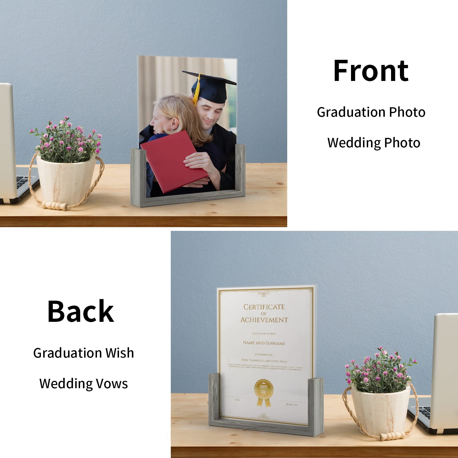 PETAFLOP 8x10 Picture Frame Set of 2, Double Sided Glass Photo Frames 8 by 10, Rustic Wooden Menu Holder Sign Card Stand for Des