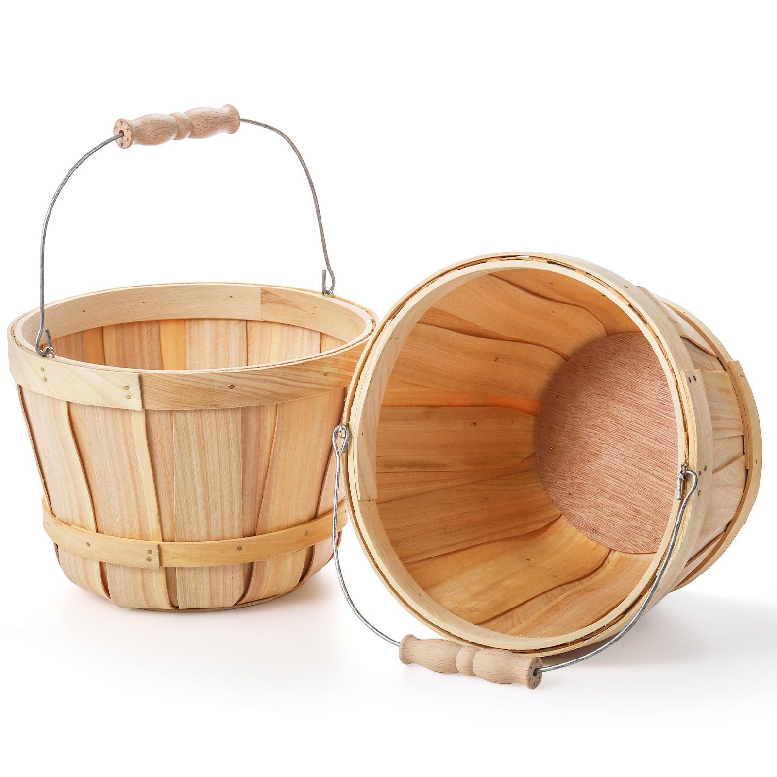 Okllen 2 Pack Round Wooden Baskets With Handle, Empty Wood Fruit Buckets, Fall Harvest Basket For Display Fruits Vegetables, Hom