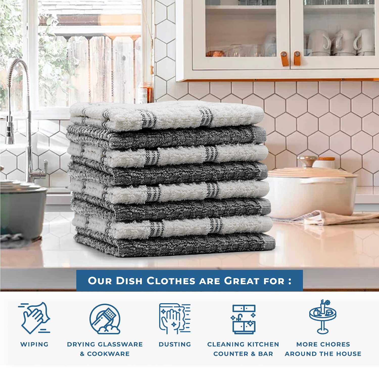 Dan River Kitchen Wash Cloths For Dishes - Pack Of 8, 12X12 Inches - Super Soft, Highly Absorbent, Quick Dry, Smell Free Rags- K