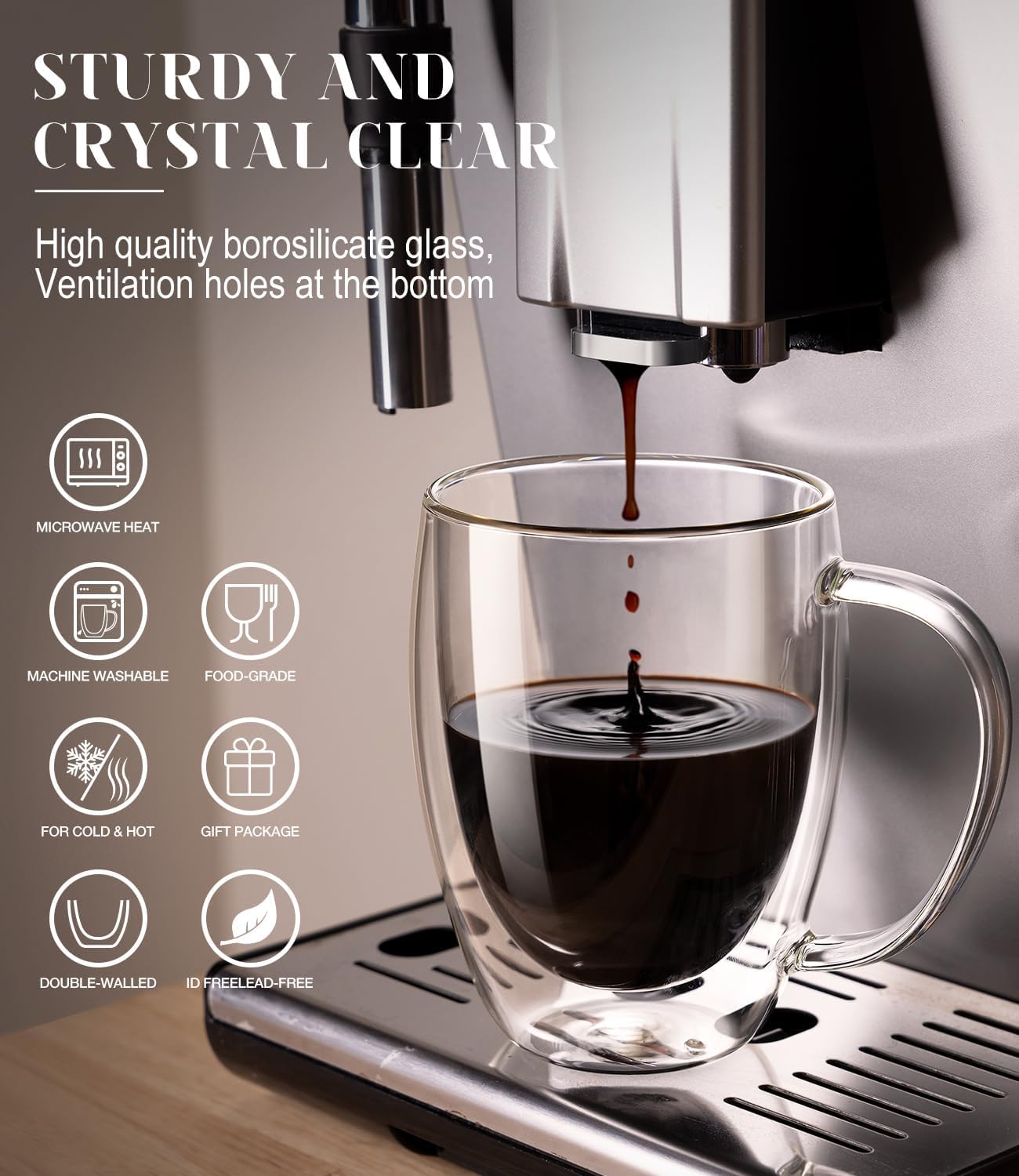 Oja Double Wall Glass Coffee Mugs 13Oz, Clear Glass Coffee Cups Set Of 4, Insulated Tea Mug, Perfect For Espresso, Cappuccino, L