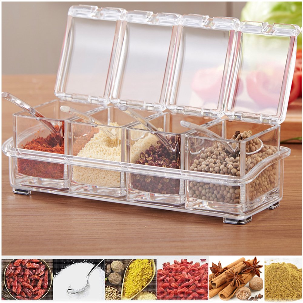 Clear Seasoning Box,V-Resourcing 4 Pieces Clear Seasoning Storage Container For Spice Salt Sugar Cruet,Condiment Jars With Spoon
