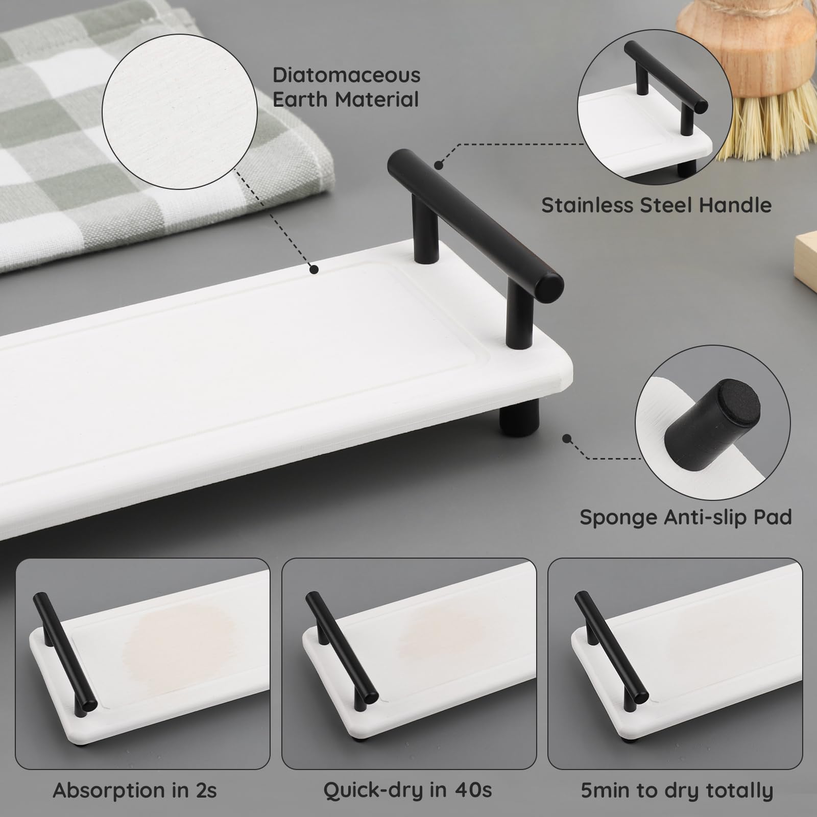 Segbeauty 12X4In Bathroom Tray, Absorbing Quick Dry Stone Drying Tray With Handle, Diatomaceous Sink Caddy Tray Vanity Tray Sink