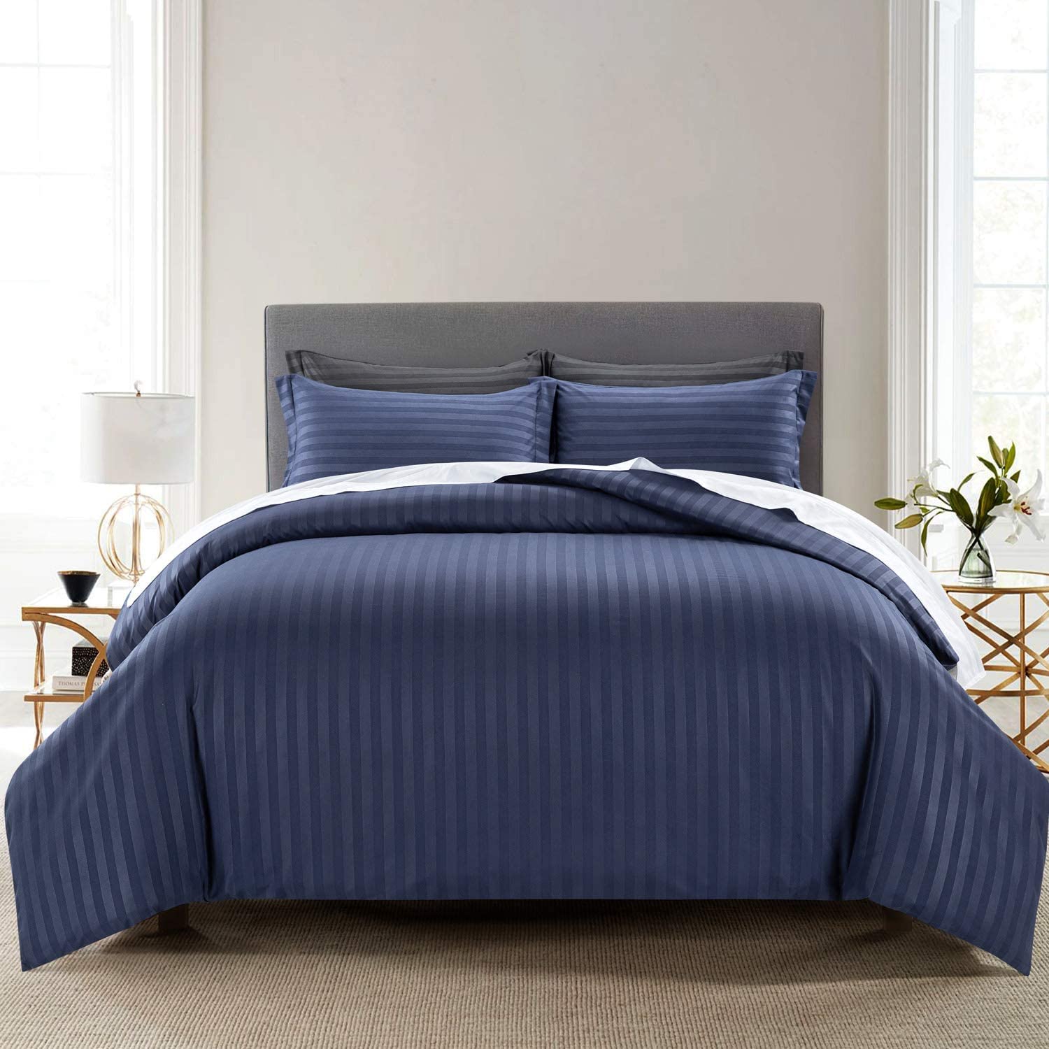 Vocal Store Microfiber 3Piece Quilt/Duvet/Comforter Cover Set  Queen Size 80 X 80, Striped With 2 Pillow Cover, Blue
