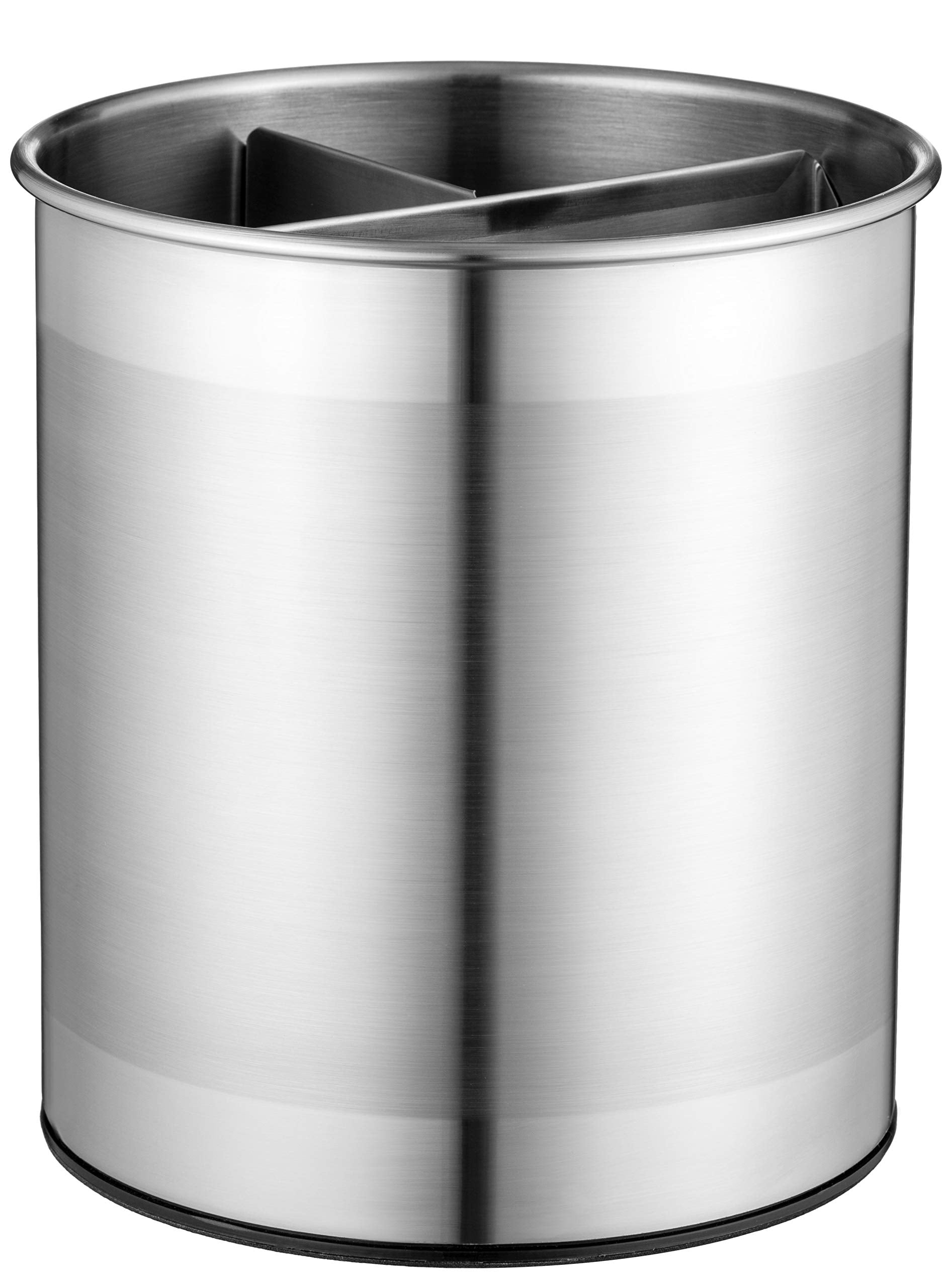 Finedine Rotating Utensil Crock With Weighted Base For Stability, Stainless Steel Utensil Caddy With Removable Divider, Brushed