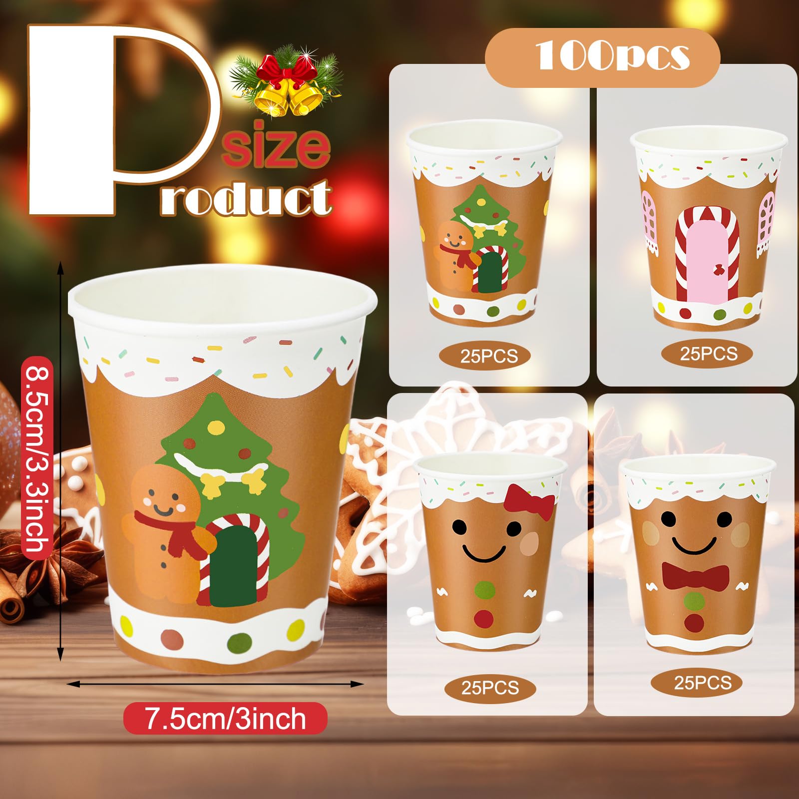 Funtery 100 Pieces Christmas Gingerbread Paper Cups Hot Chocolate Cups Xmas Disposable Coffee Cup Gingerbread Man Christmas Tree