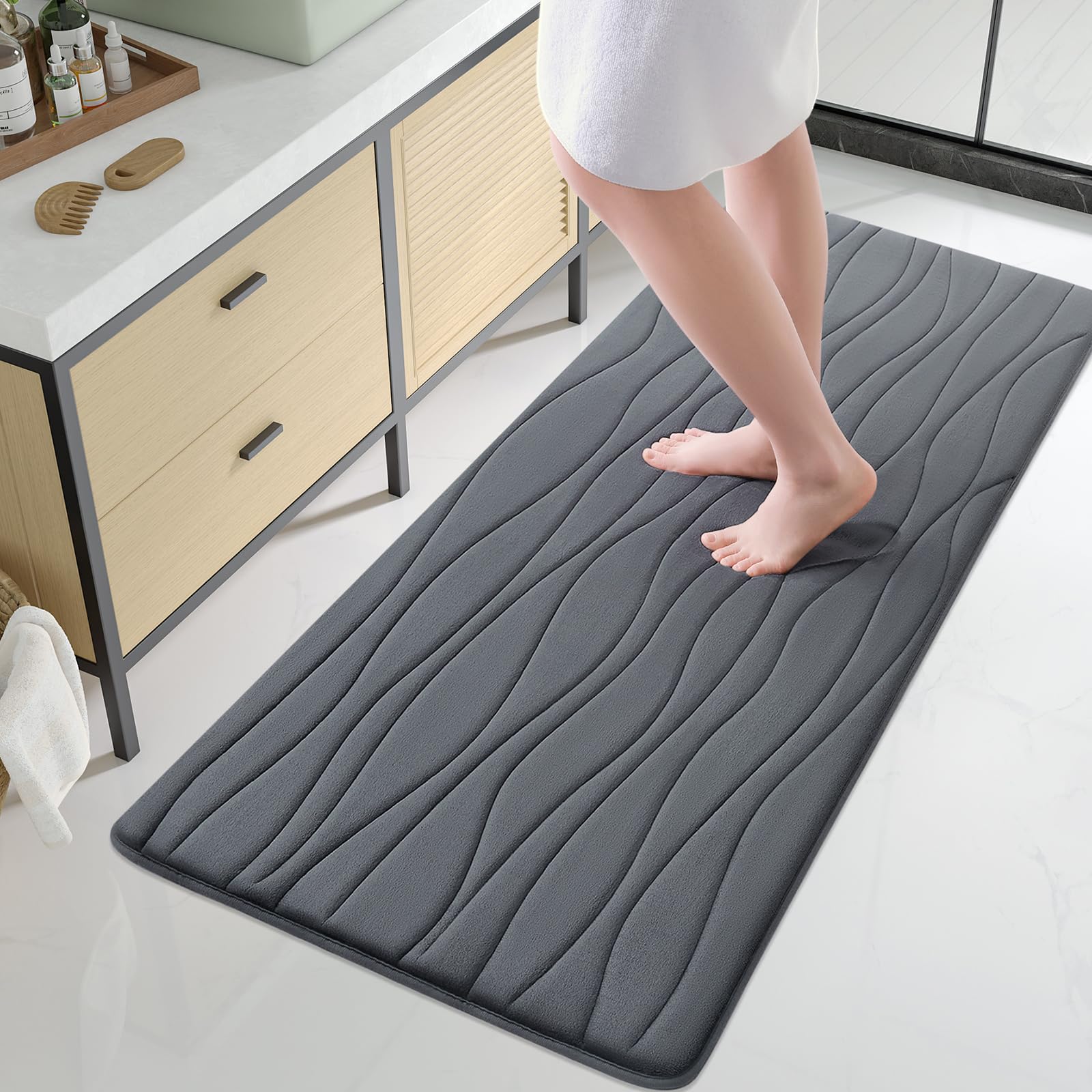 Buganda Memory Foam Bathroom Rug Mat 47x24  Extra Soft and Absorbent Bath Mats  Non-Slip and Machine Washable Bath Rugs for Bathroom Floor Tub and Shower  Dark Grey