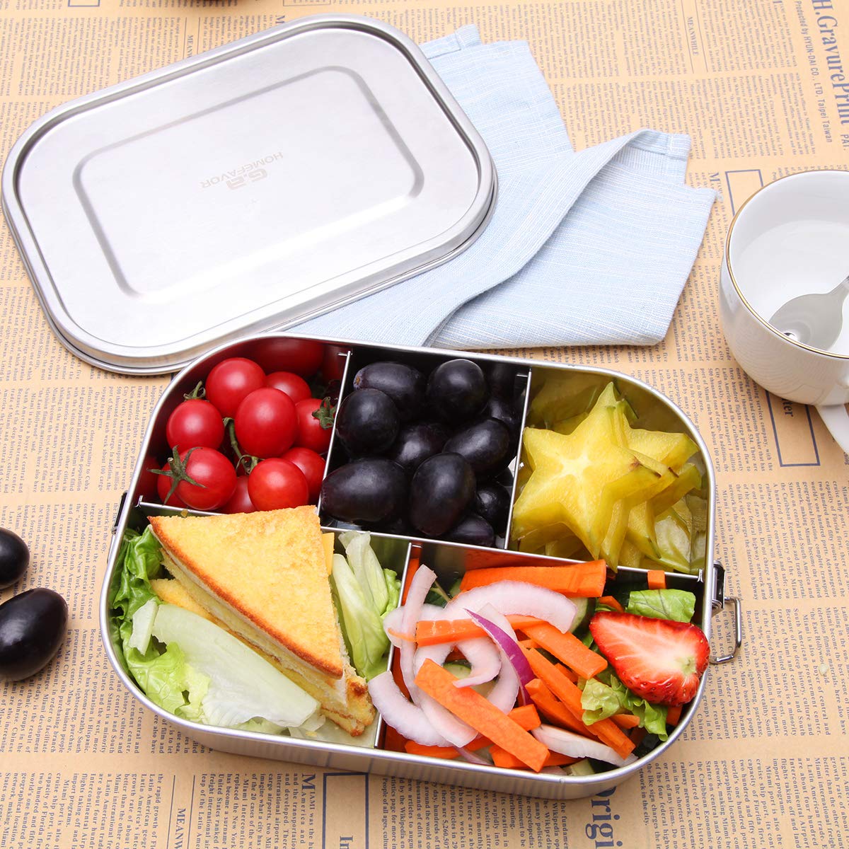 G.A Homefavor Leak Proof Stainless Steel Bento Box, Metal Lunch Container With 5-Compartment, 1400Ml, Suitable For Snacks And Sa
