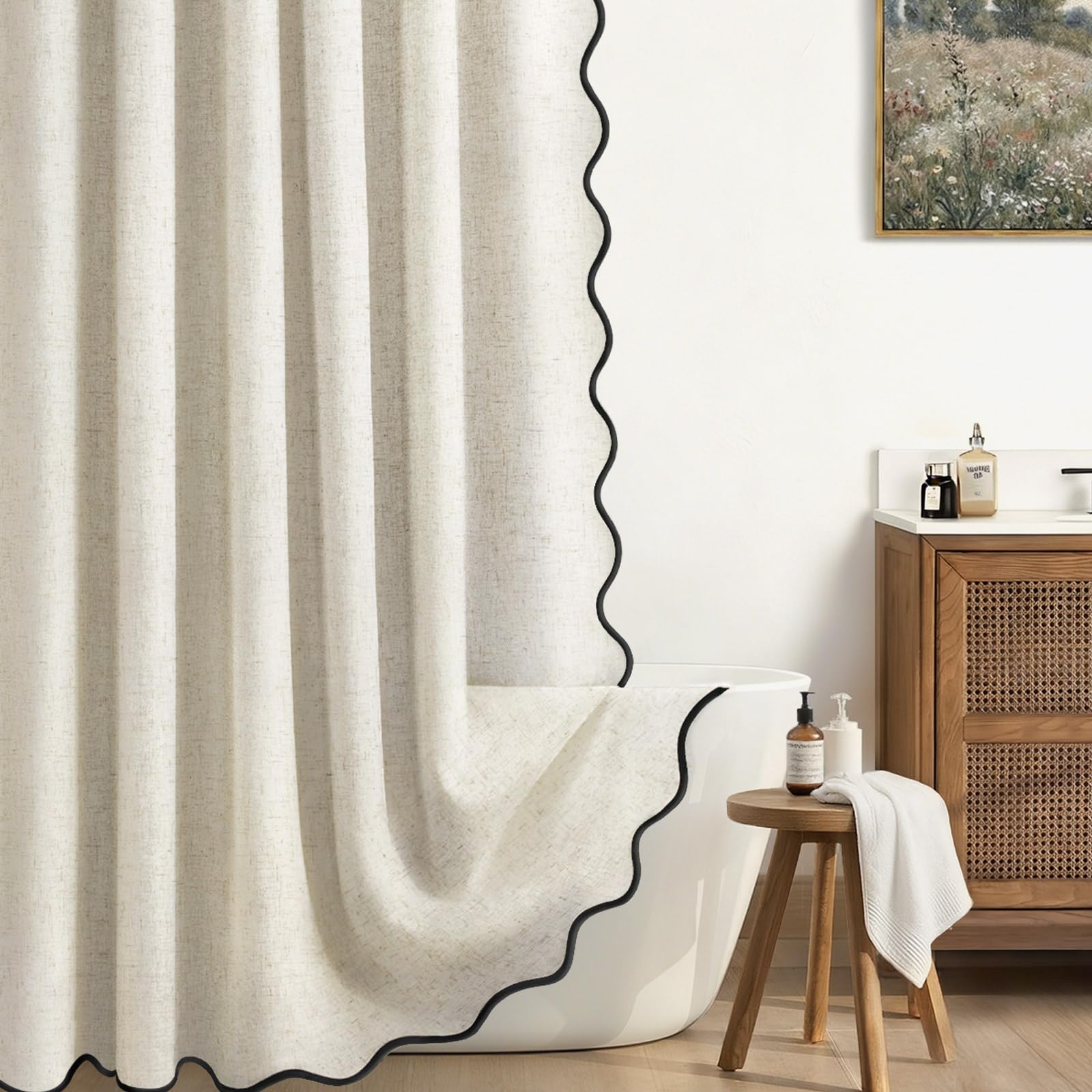 XOGUIBO Linen Shower Curtain Flax Cream Cute Black Scalloped Boho Modern Shower Curtains for Bathroom Set, 72 W x 84 L