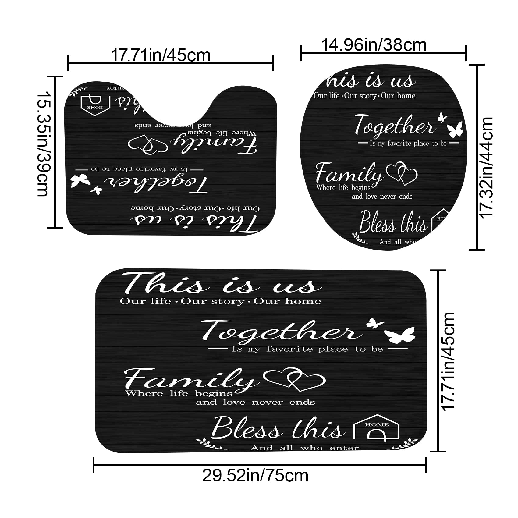 Juwute 4Pcs Family Shower Curtain Sets With Non-Slip Rugs, Toilet Lid Cover And Bath Mat, Black Home Bathroom Decor Set Accessor