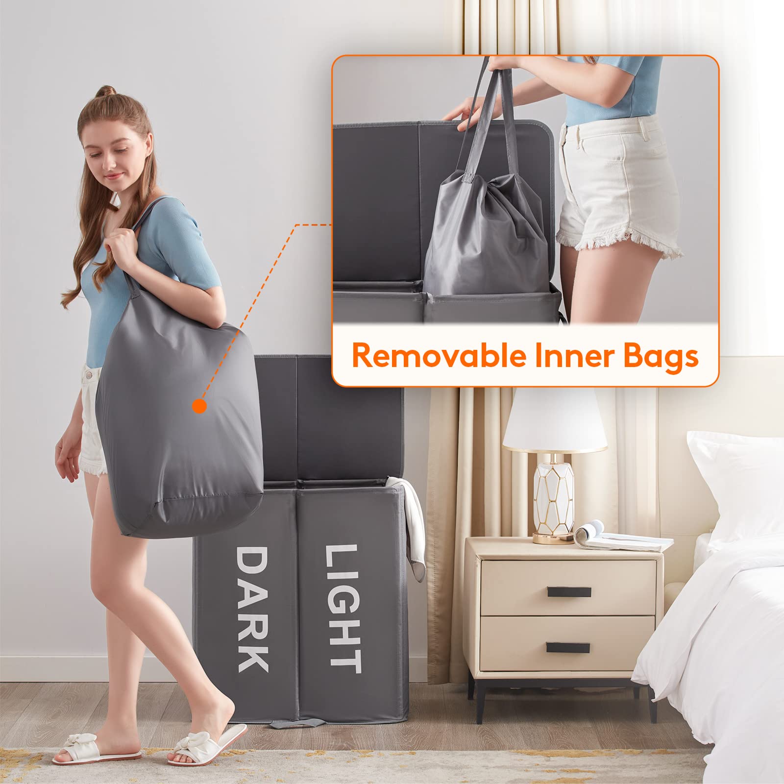 Lifewit 136L Double Laundry Hamper With Lid And Removable Laundry Bags, Large Divided Hamper, Collapsible 2 Section Laundry Bask