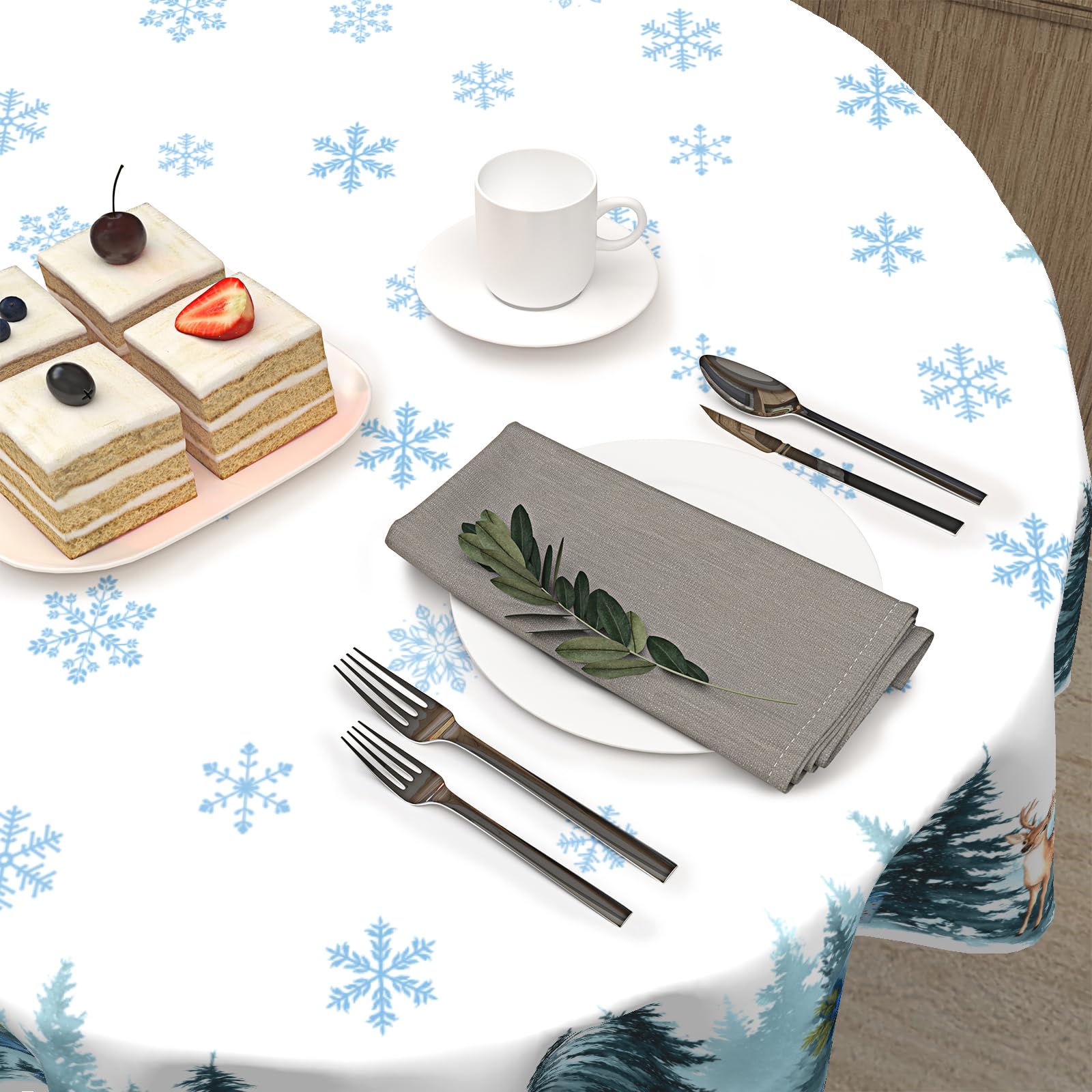 ABSOP Christmas Reindeer Round Tablecloth Xmas Snowflake Pattern 60 Inch White Blue Table Cloth Winter Holiday Table Cover Washa