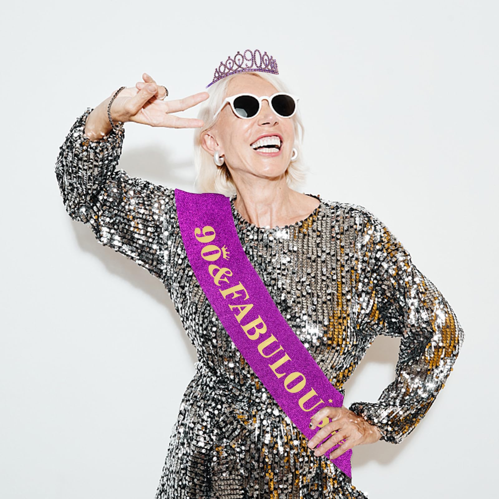 Casoty 90th Birthday Sash and Tiara, 90th Birthday Decorations for Women, 90 & Fabulous Sash and Crown Set, Party Supplies for W