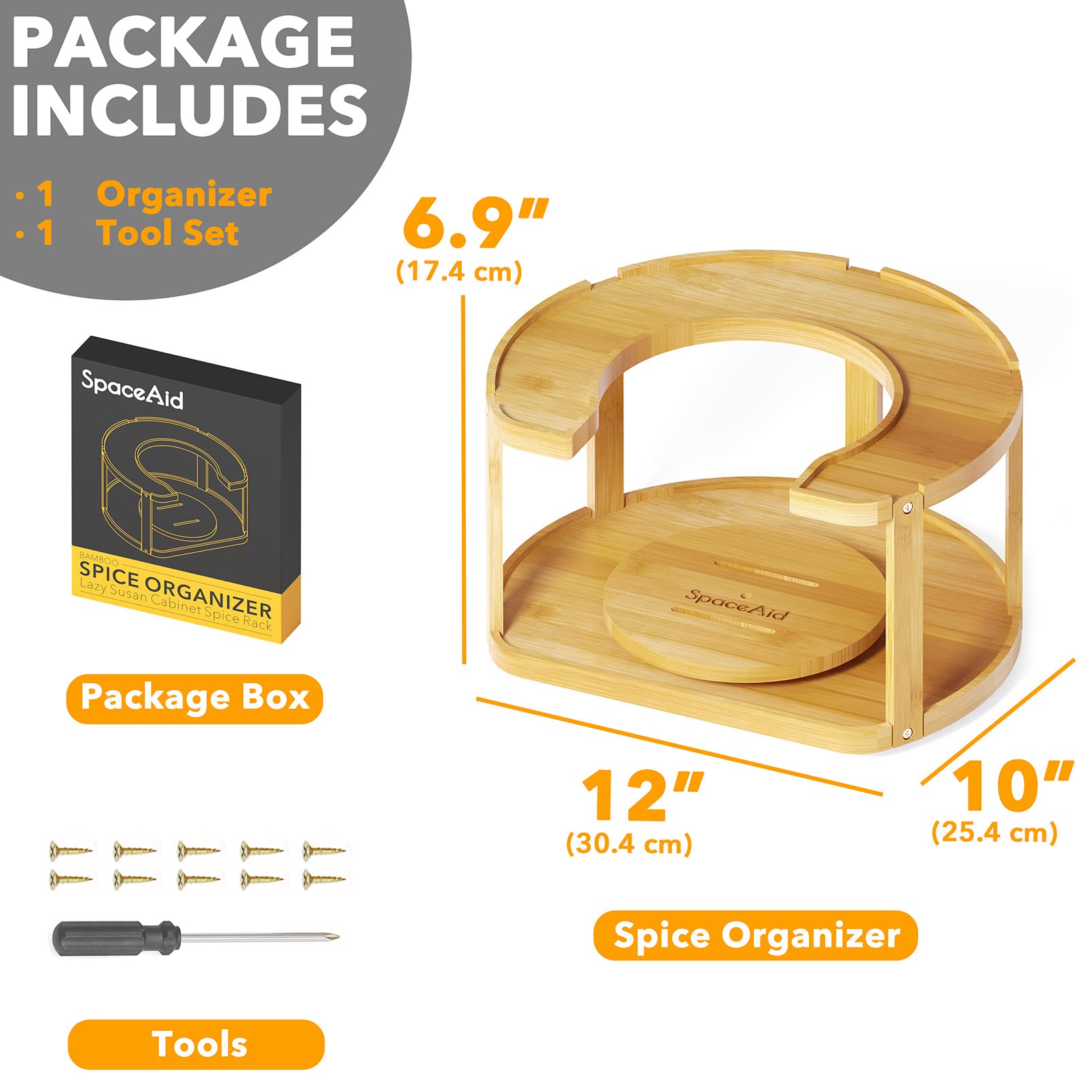 Spaceaid 2 Tier Bamboo Spice Rack Organizer, Lazy Susan Turntable For Cabinet, Home Kitchen Spices Spinning Rotating Shelf Racks