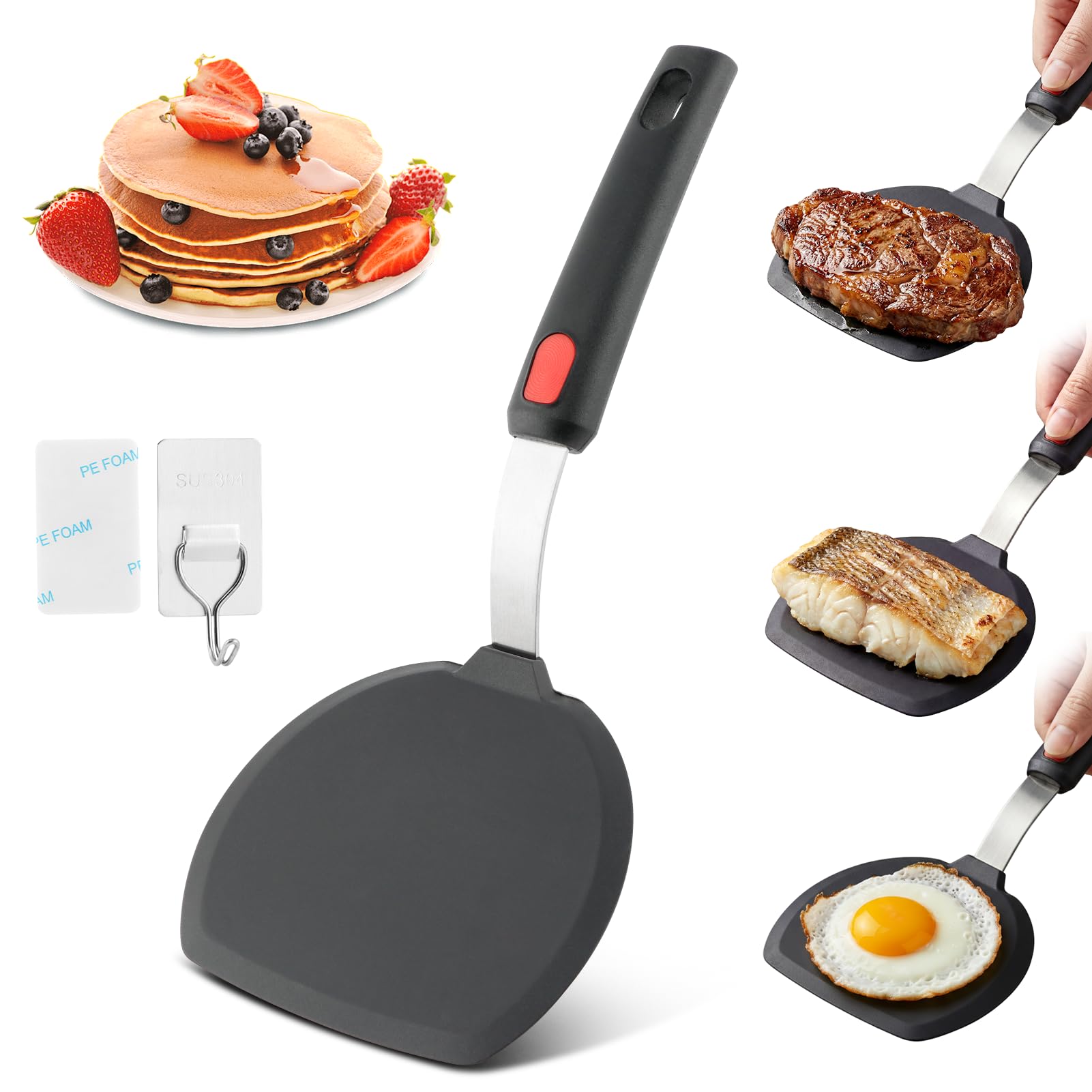 Silicone Pancake Spatula, Heat Resistant Cooking Spatulas with Hooks, BPA Free, NonStick Silicone Spatula for Egg, Pancake, Fis
