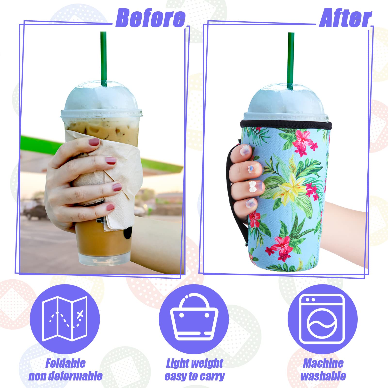 Chengu 5 Pack Iced Coffee Sleeve Flower Patterned Insulator Sleeves Reusable Sleeves For Coffee Neoprene Cup Holder For Cold Dri