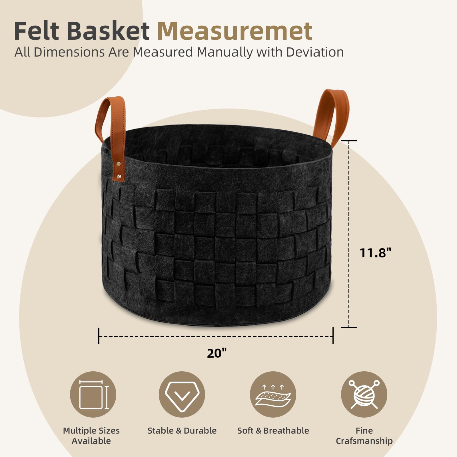 Boldmonkey Laundry Basket 20'' X20 X11.8, Large Round Blanket Basket With Leather Handle, Felt Storage Basket For Living Room, N