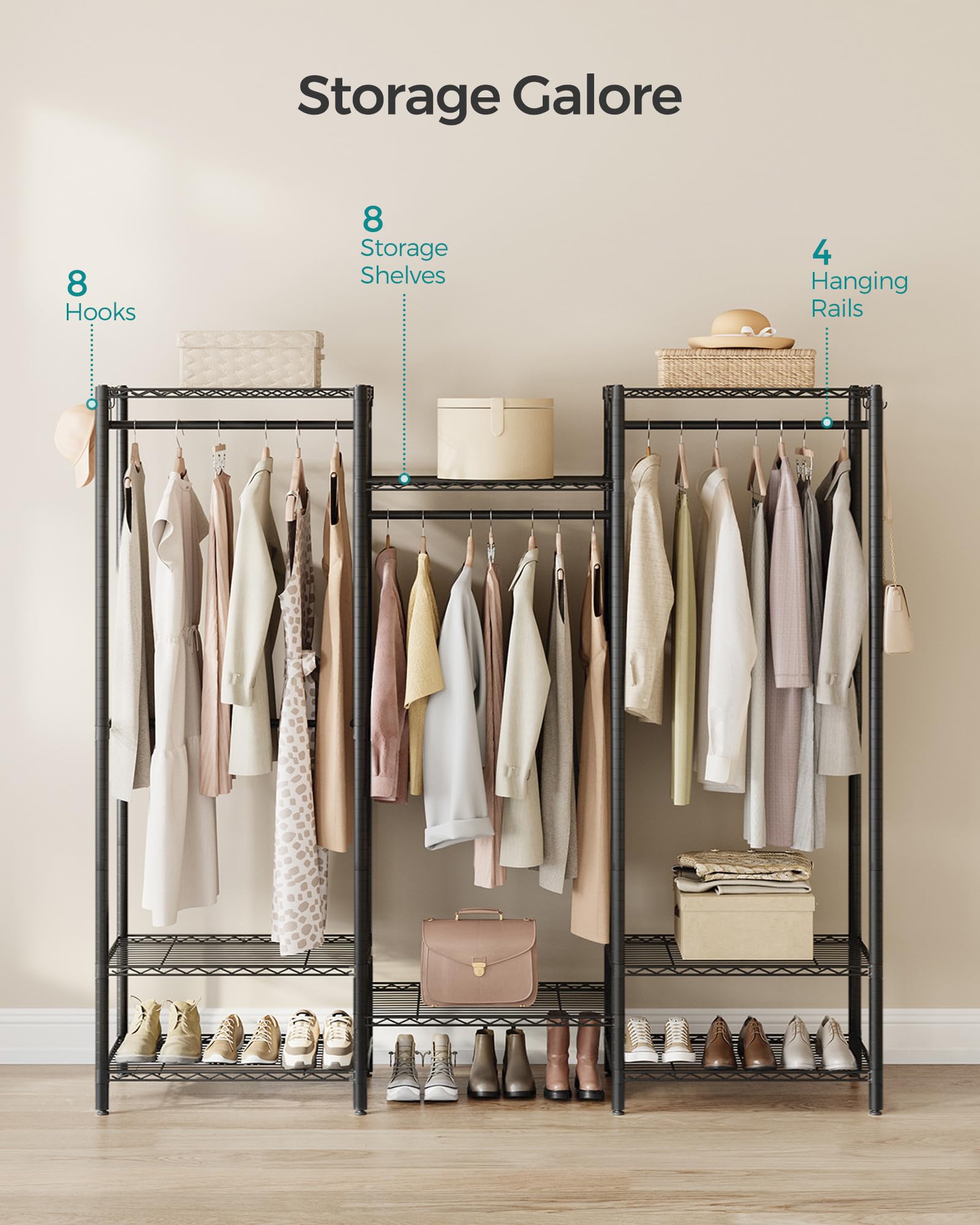 Songmics Portable Wardrobe Closet Heavy Duty Clothes Rack, Freestanding Closet Organizer, Metal Garment Rack With Adjustable Wir