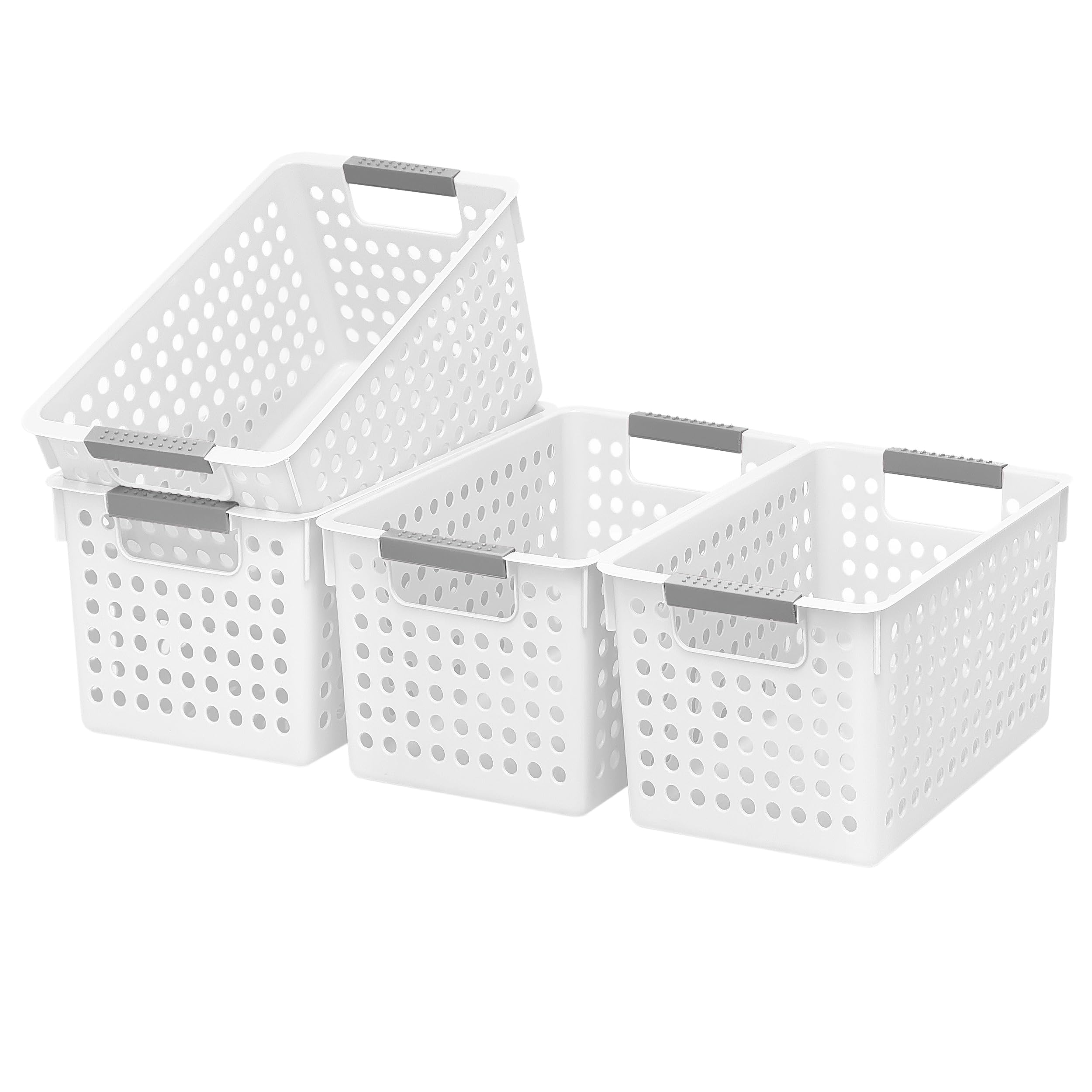Soddeph 4 Pack Plastic Storage Basket with Handles, Small Deep Organizer Bin with Hollow Design for Under Counter, Shelf, Closet