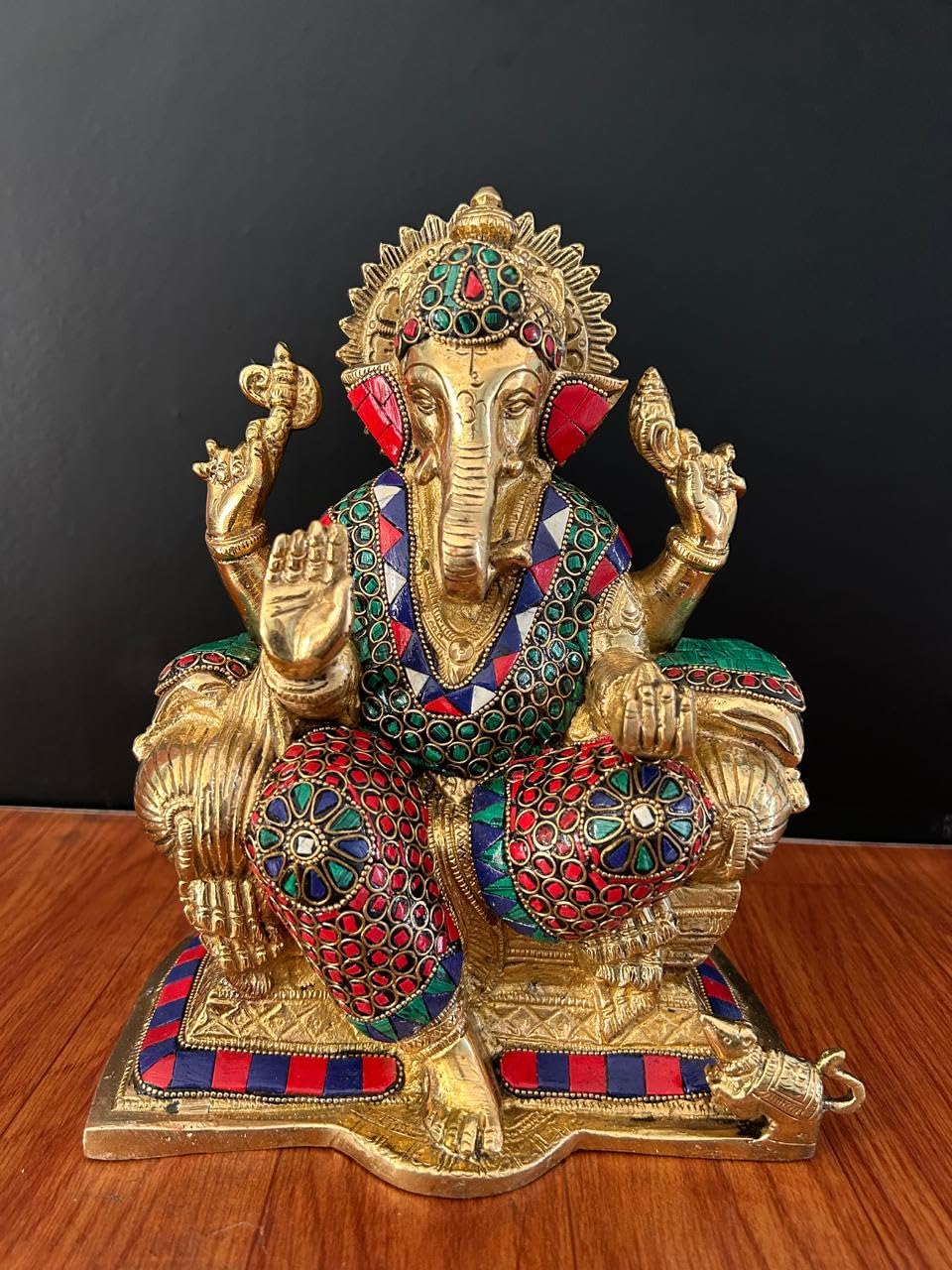 Brass Ganesha Statue With Mosaic, 24 Cm Stone Work Brass Ganesh Statue, Ganpati Idol, Good Luck Gift For New Beginnings, House W