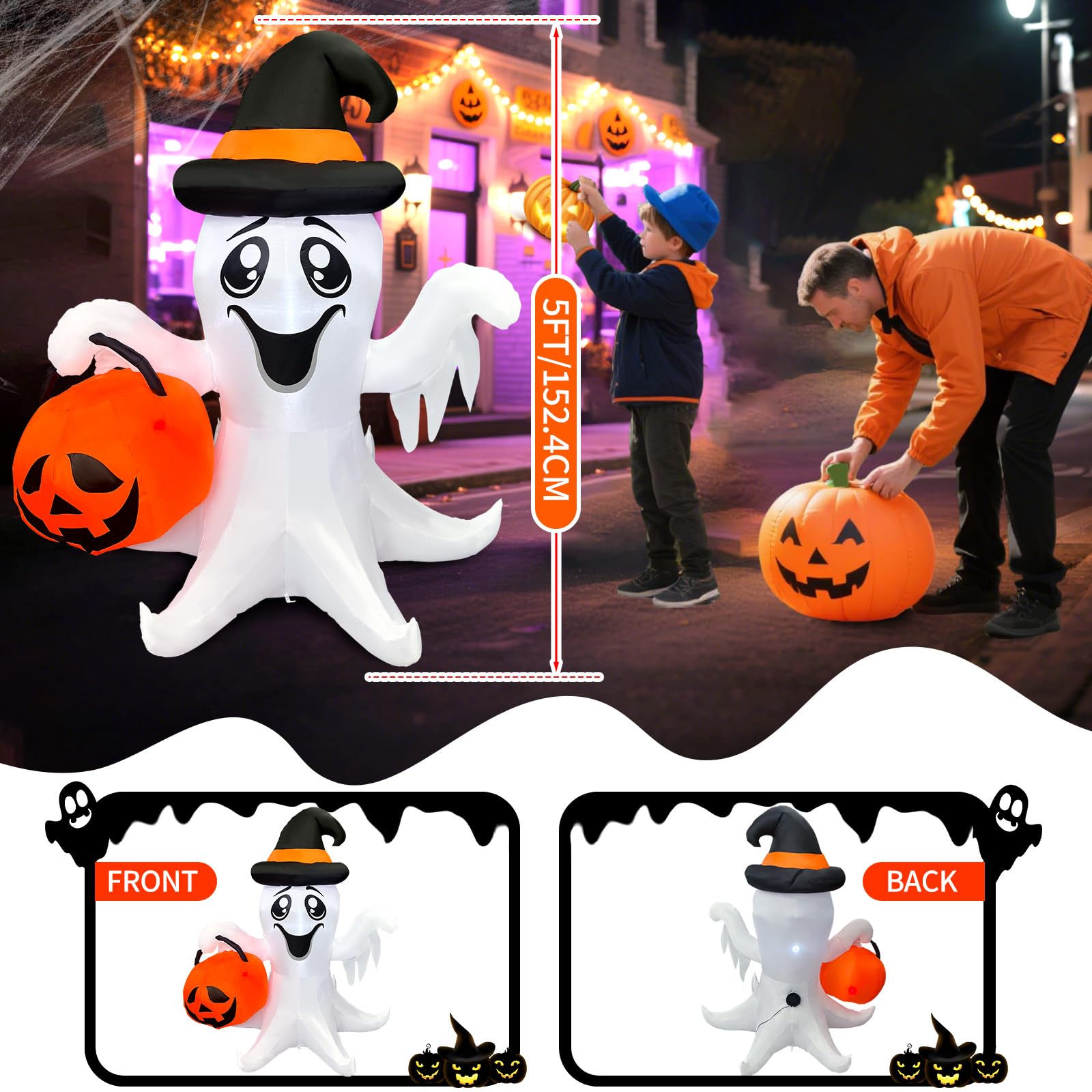 ?2025 Latest Release? Halloween Inflatables Ghost Outdoor Decorations 5FT Ghost Pumpkin Inflatable with Build-in 2 LED Ghost Blo