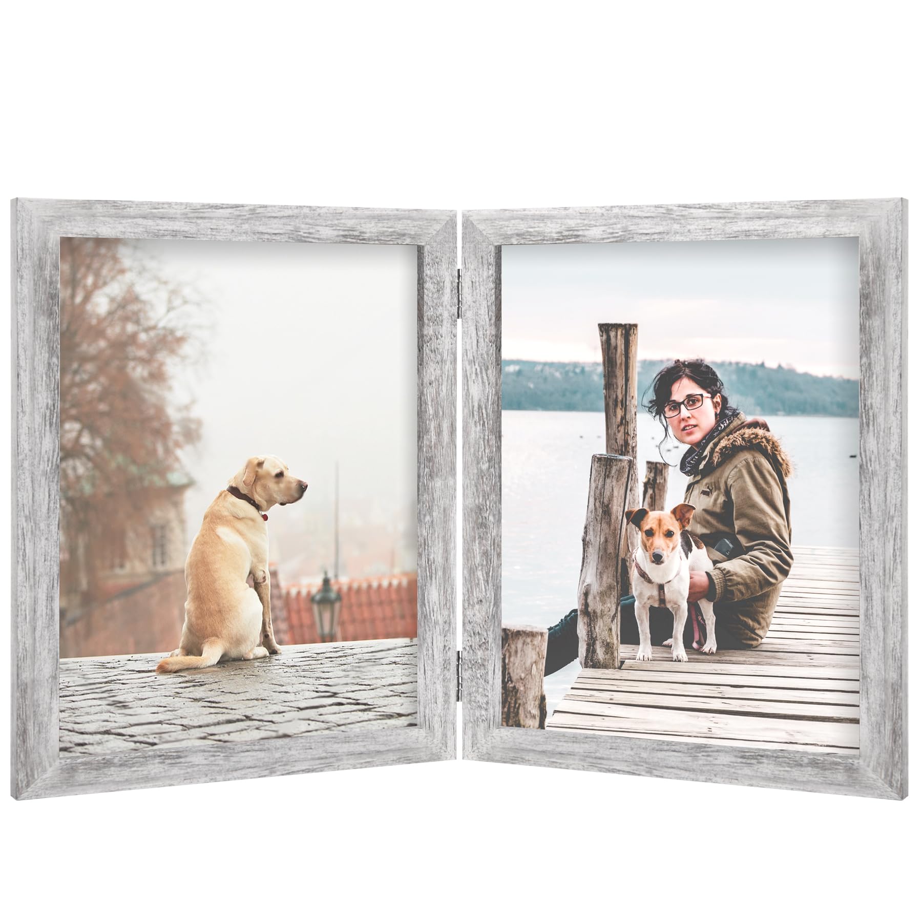 8x10 Double Picture Frame Wooden Hinged Photo Frame Definition Glass Stand Vertically on Desktop or Tabletop Distressed White