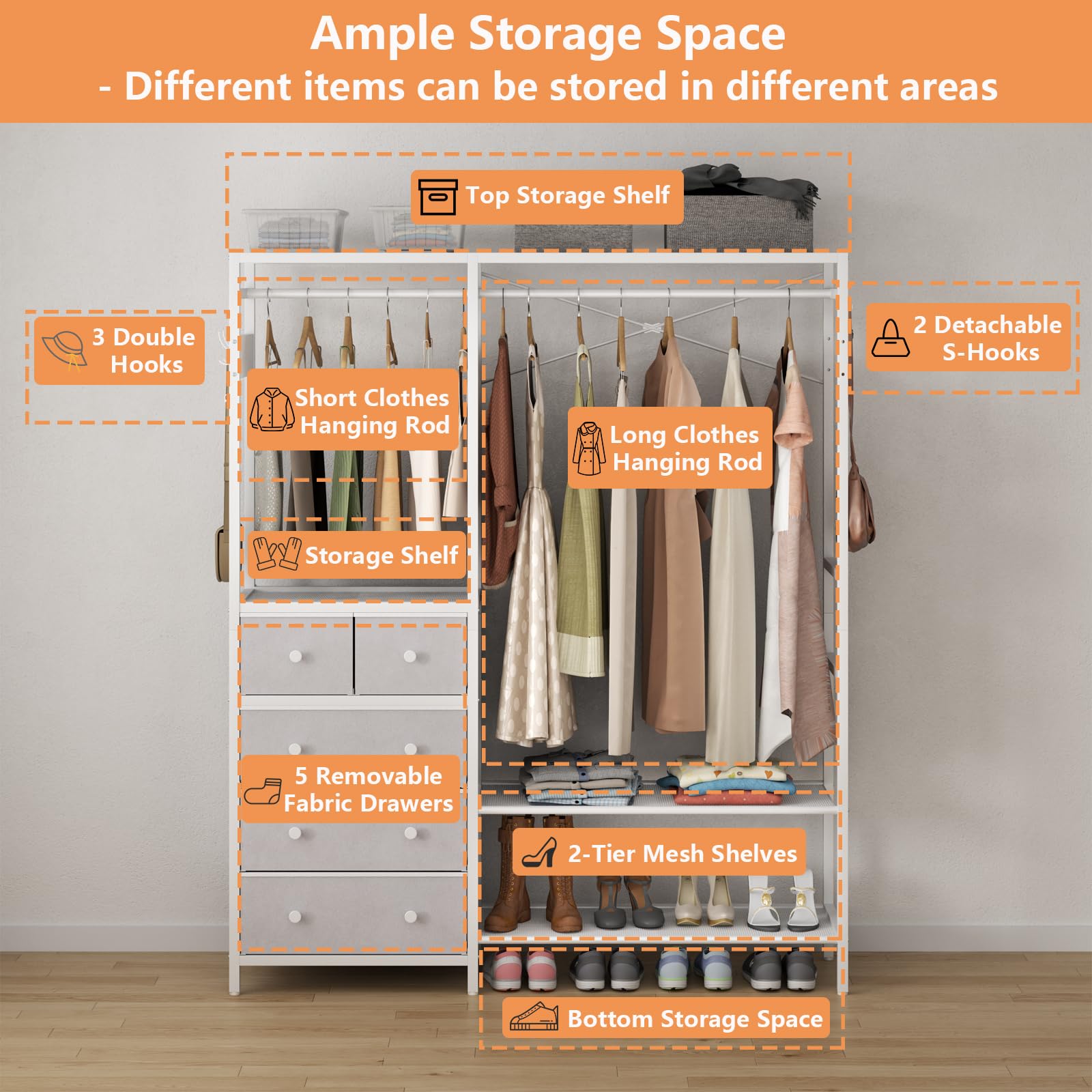 Auromie Clothes Rack With 5 Drawers & 4 Storage Shelves, 59.1W*70.9H Heavy Duty Clothing Rack With 2 Hanging Rods, Wardrobe Clos