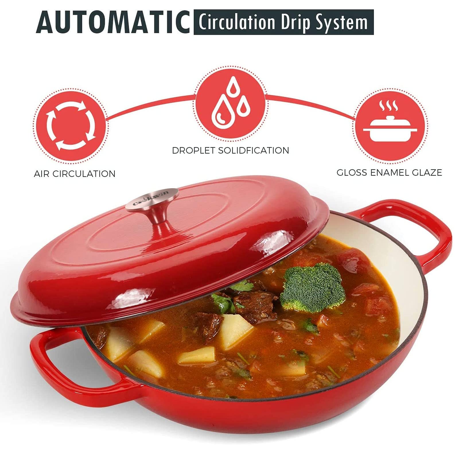 Cookwin Cast Iron Casserole Braiser,3.8 Quart Enameled Cast Iron Pan,Heavy Duty Casserole Skillet With Lid And Dual Handles,Porc