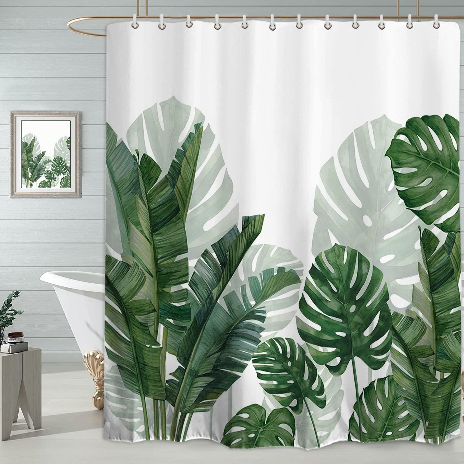 Baccessor Extra Long Tropical Green Leaf Shower Curtain Waterproof Washable Fabric Summer Botanical Banana Monstera Leaf Palm Tr