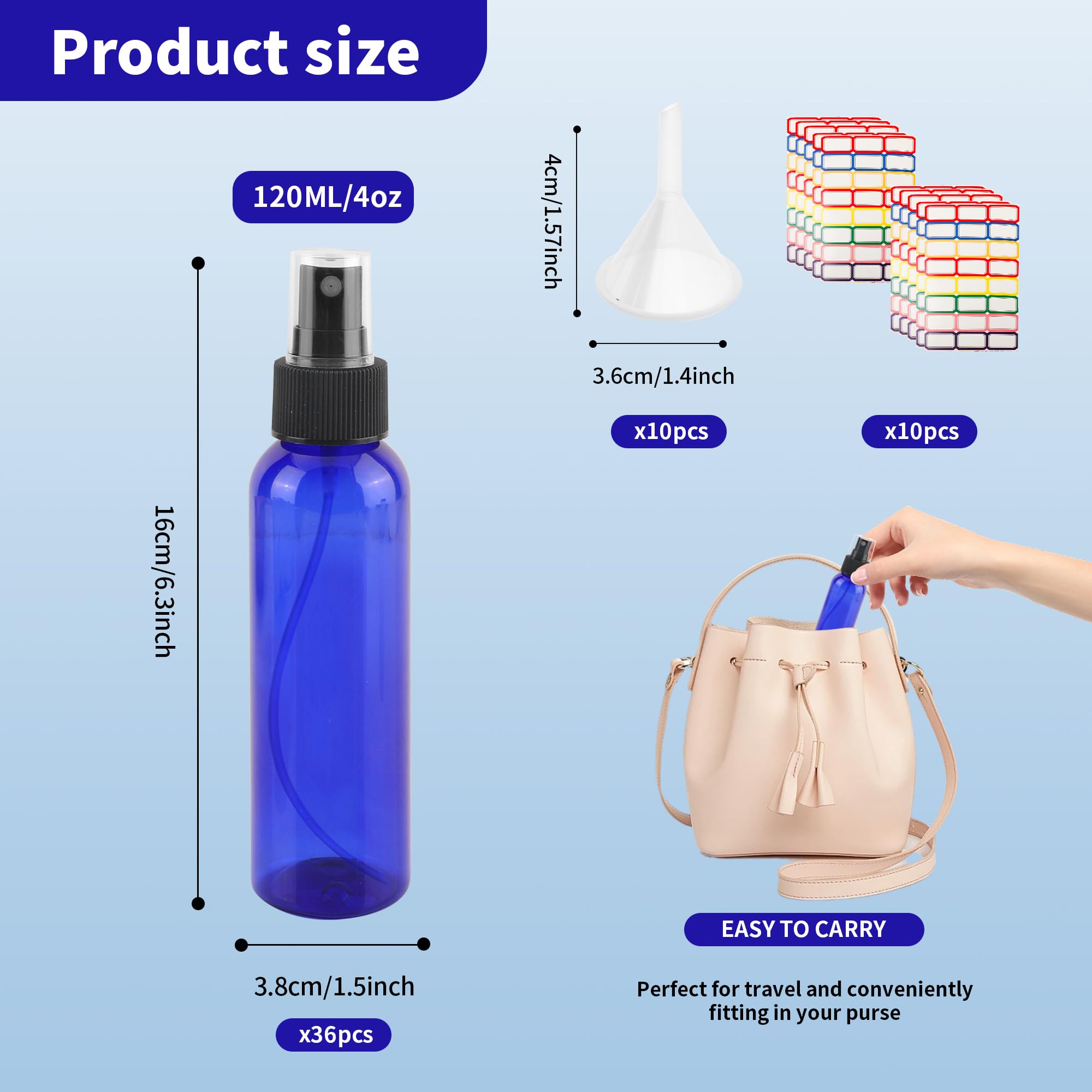 Yeuikerr 36 Pack Blue Small Spray Bottles 4 Oz/120 Ml Plastic Spray Bottles, Fine Mist Empty Small Travel Spray Bottle, Refillab