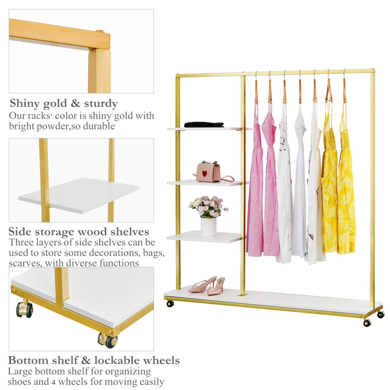Bosuru Gold Clothes Racks With 4-Tier Wood Shelves, Modern Freestanding Gold Clothing Racks For Hanging Clothes Display Racks,Ro