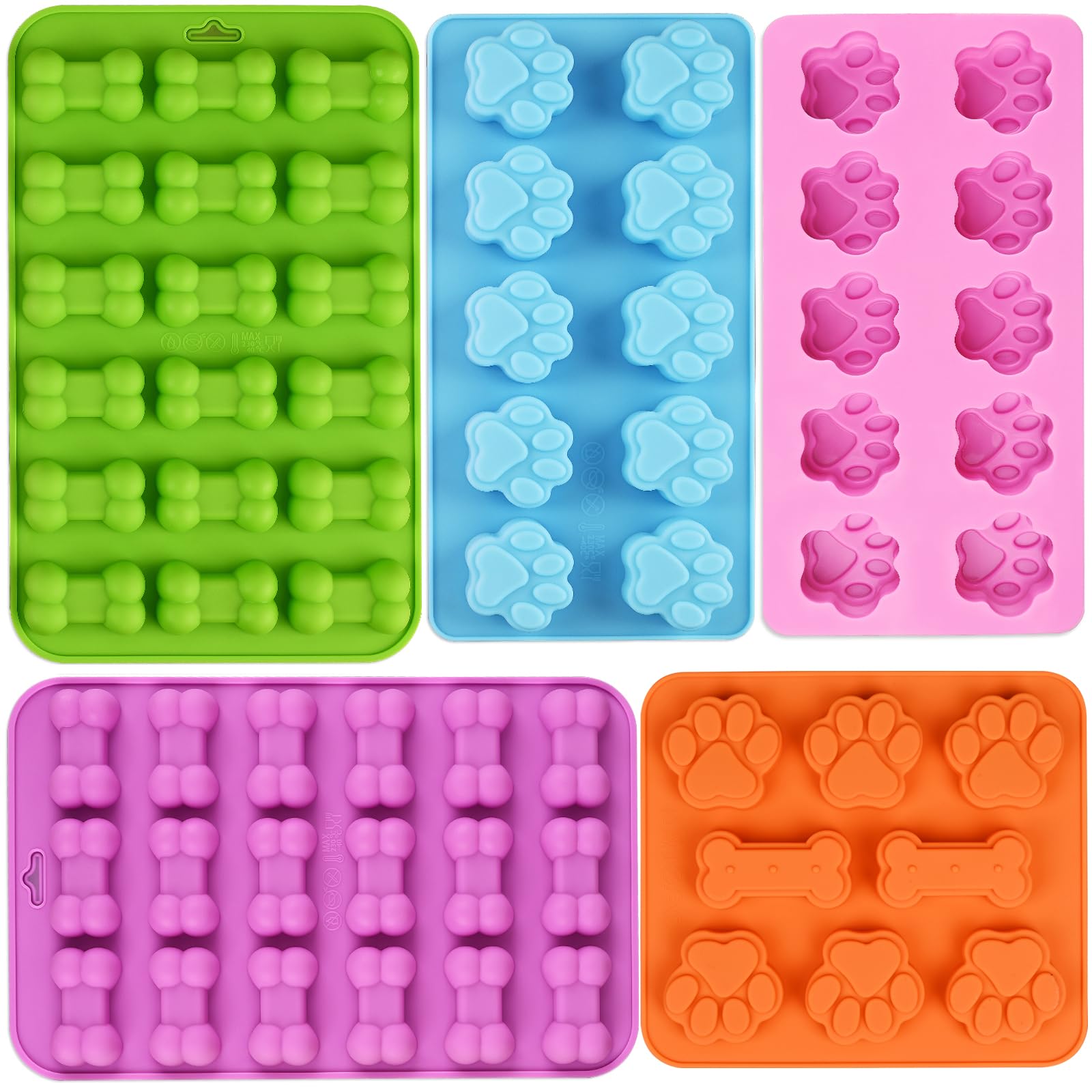 Wmkgg Puppy Dog Paw And Bone Silicone Molds, Set Of 5 Food Grade Baking Molds For Chocolate, Candy, Jelly, Ice Cube, Dog Treats,