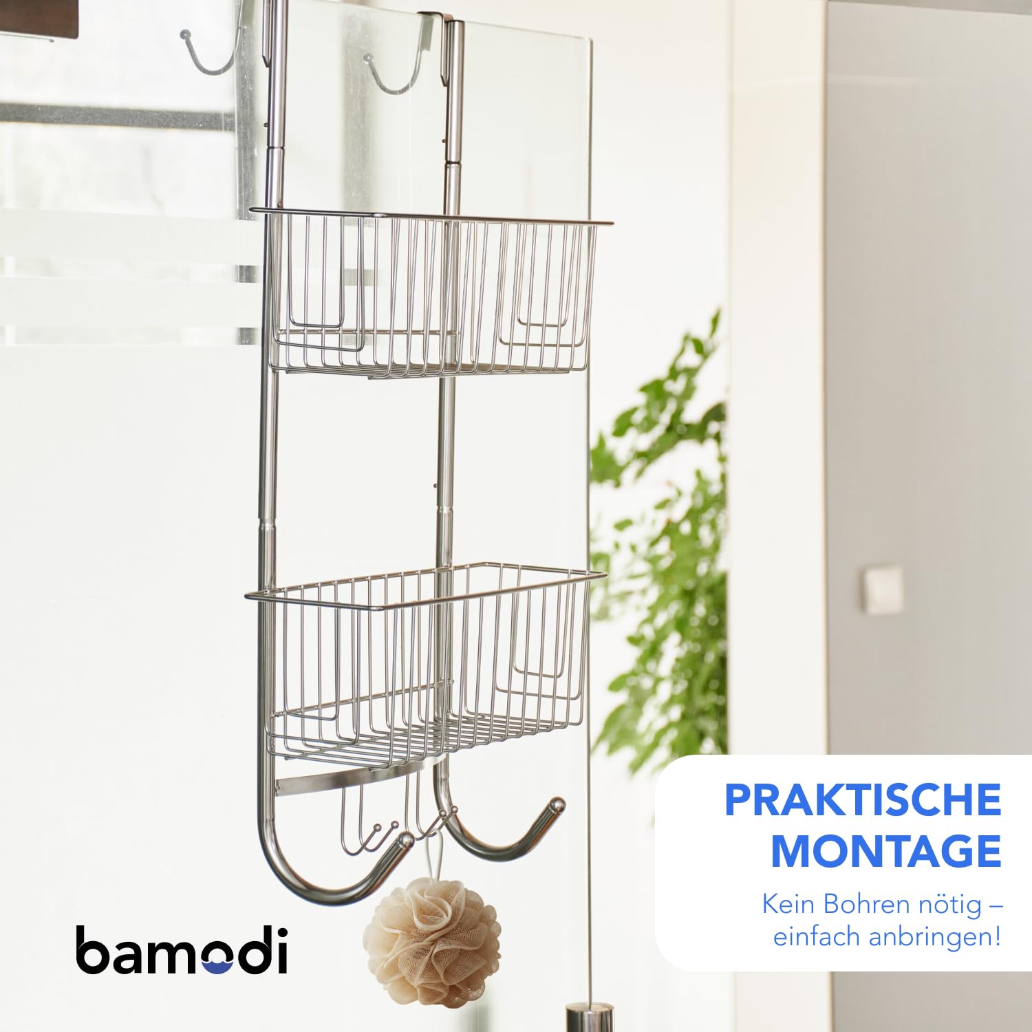 Bamodi Shower caddy Hanging - 2 Tier Over Door chrome Plated - No Drilling Required - Fits Shower Screens up to 078 inches - Hangable Shower Rack with 2 Towel Hooks (275 x 75 x 73 INcHES)