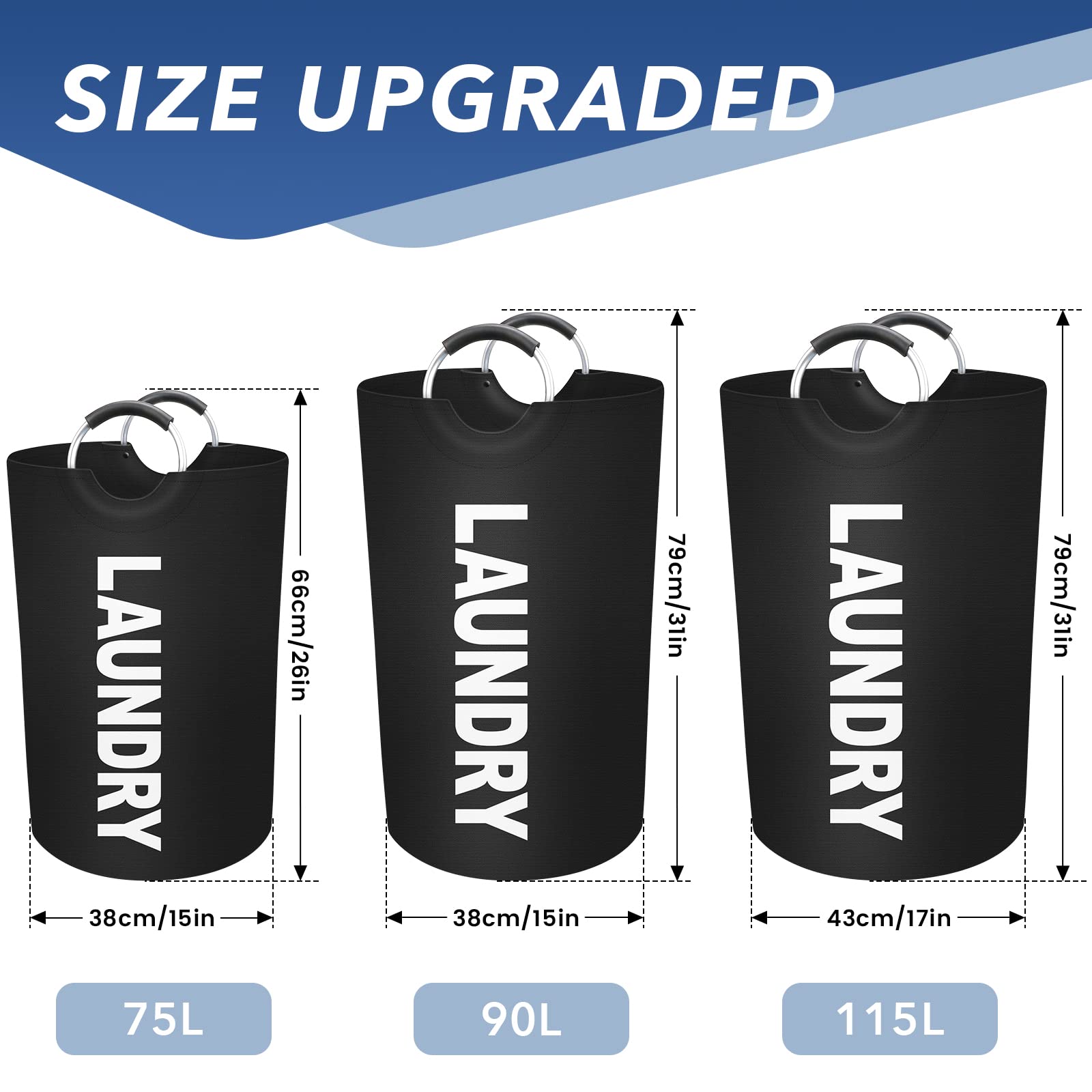 EpicTotes 75L Large Laundry Basket  Freestanding Waterproof Laundry Hamper  Collapsible Folding Tall Clothes Hamper  Easy Carry with Foam Protected Aluminum Handles for Dorm  Family  Travel (Black)